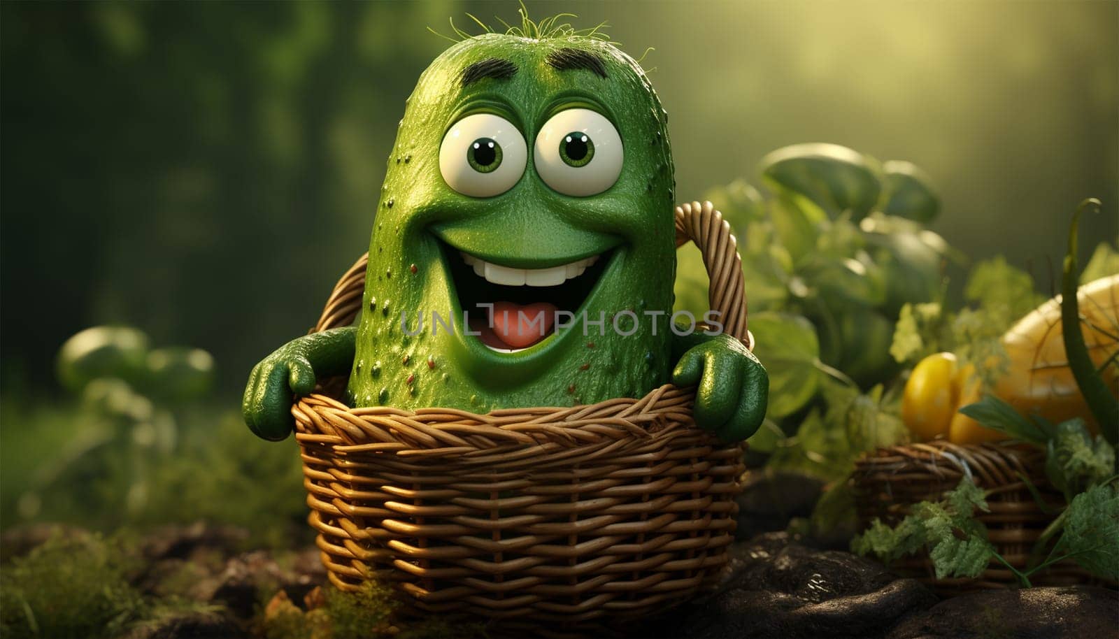 Cute animation cucumber in basket. Vegetable & fruit design character. Funny 3D design copy space. Concept for healthy food Space for text