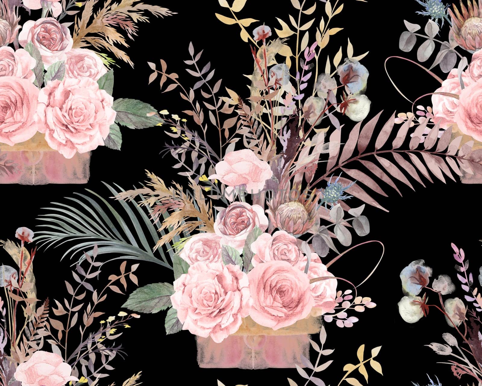 Seamless botanical pattern with watercolor flowers of roses and palm leaves by MarinaVoyush
