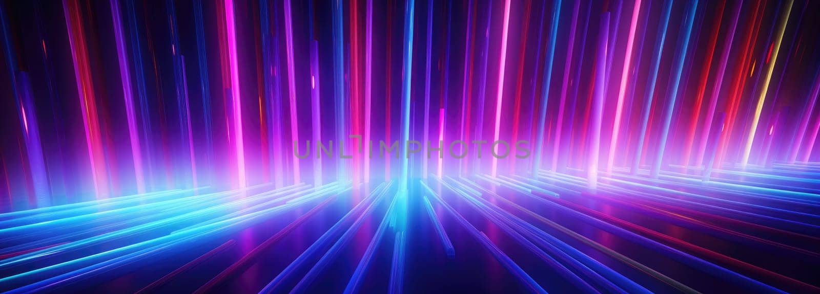 Abstract background of glowing lines in bright neon colours on a dark background