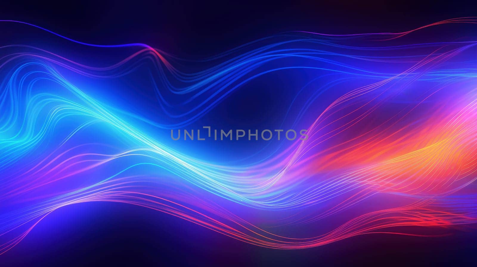 Abstract background of glowing lines in bright neon colours on a dark background