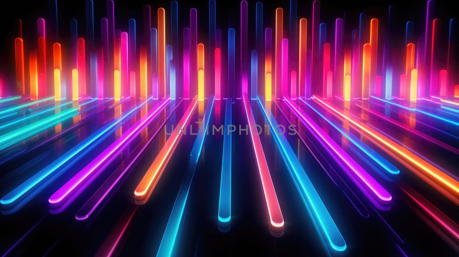 Abstract background of glowing lines in bright neon colours on a dark background