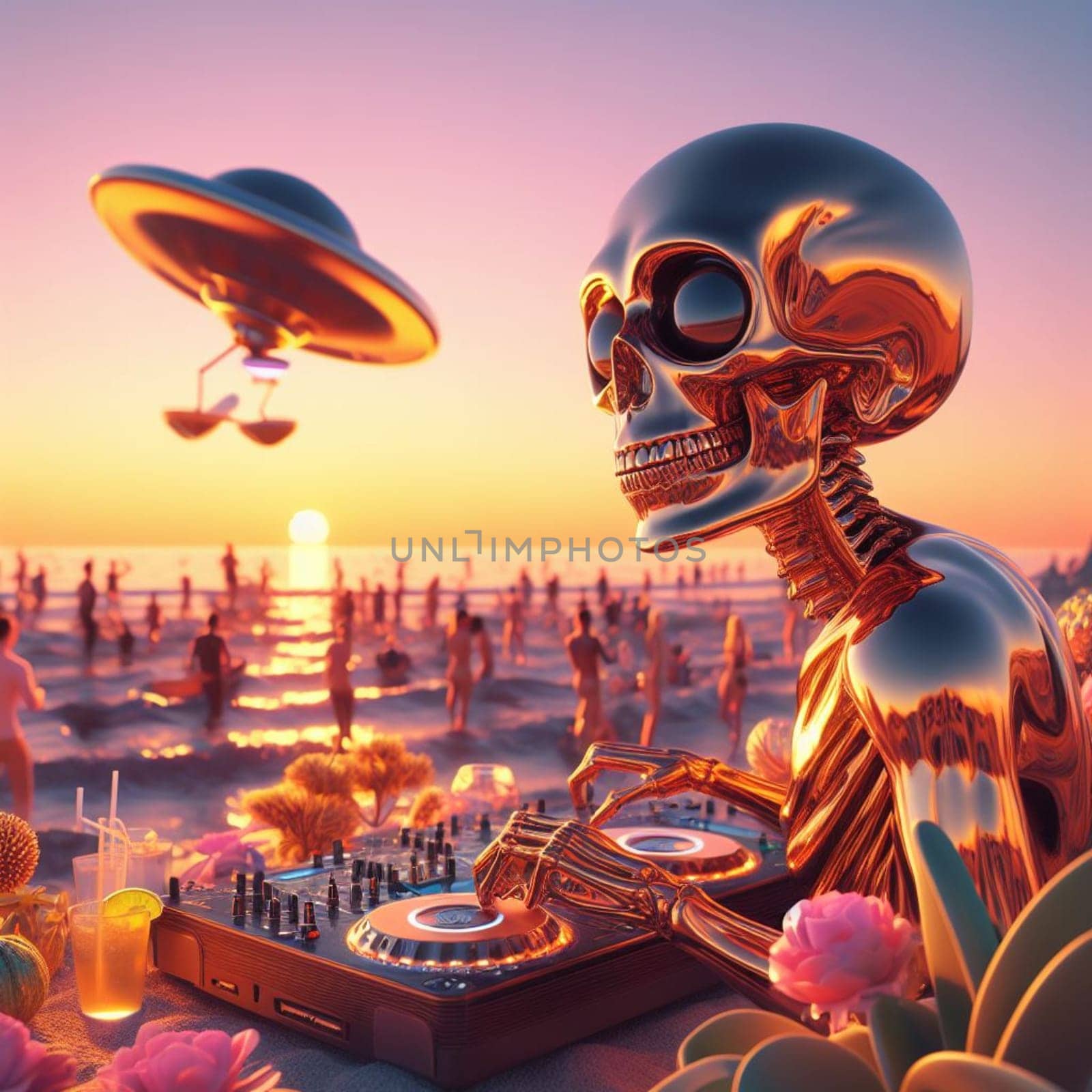 metallic alien dj with human skull, wearing glasses earphone dj of beach party in tropical island generative ai art