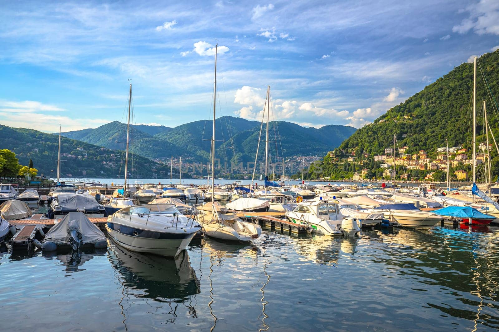 Town of Como waterfront and marina view, Como Lake in Lombardy region of Italy