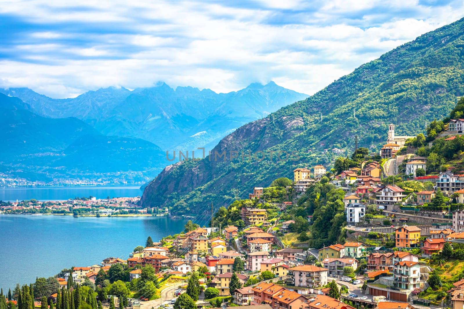 Lake Como hillside coastal village view, northern Italy