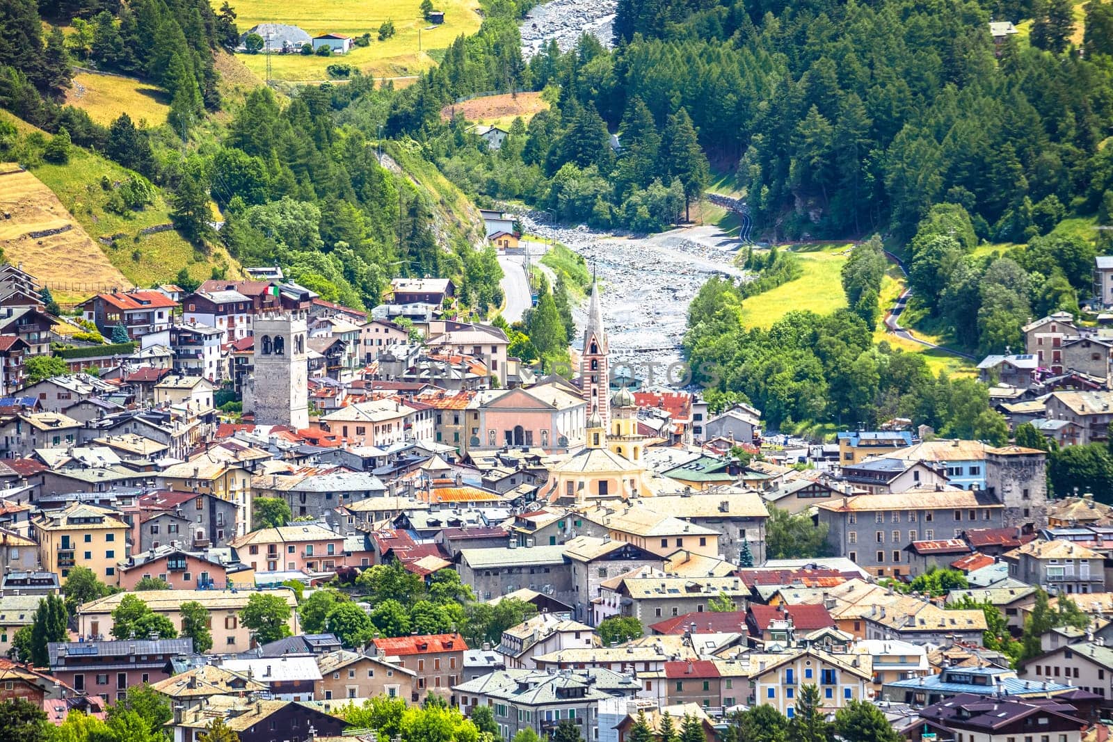 Town of Bormio in Dolomites Alps scenic view, Province of Sondrio, Lombardy region of Italy