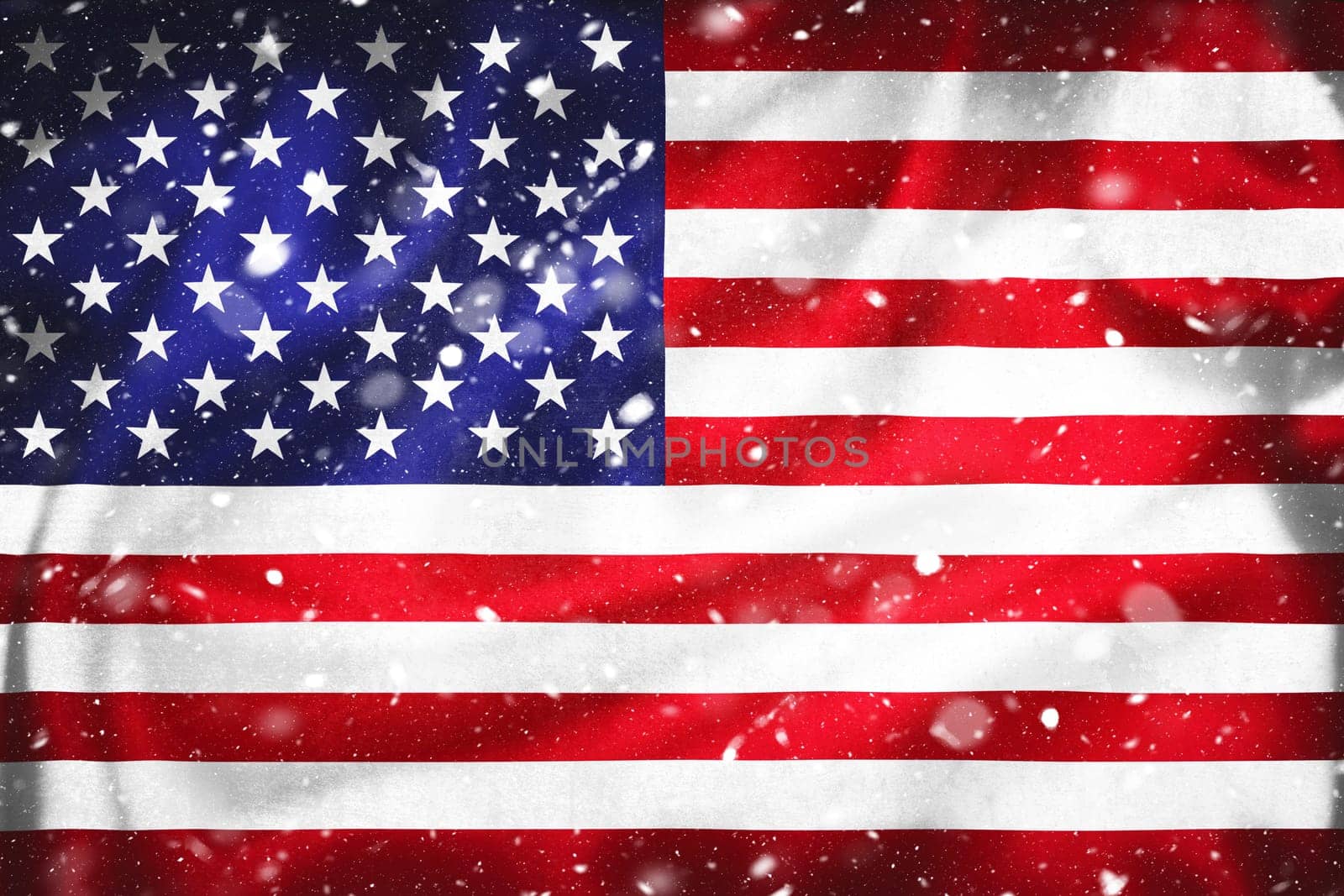 Grunge illustration of US flag with snow flakes, concept of United stares of America in winter