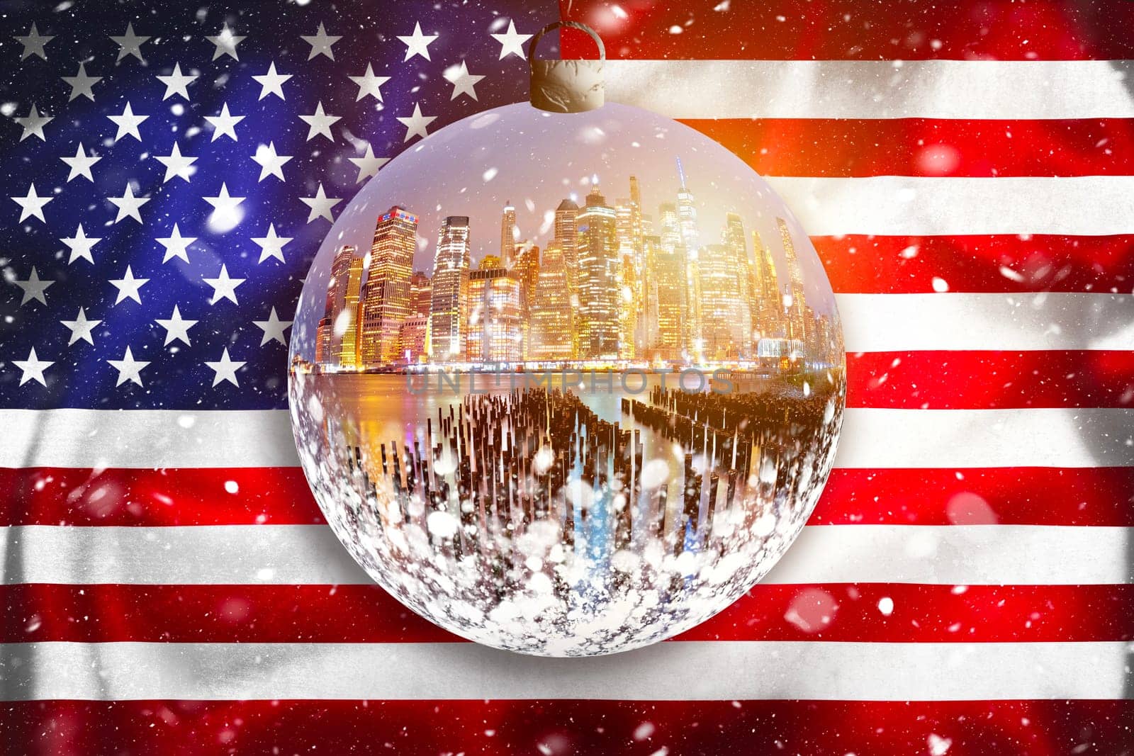 New York City skyline evening snow view through glass Christmas ball on USA flag, xmas time in famous skyline of USA