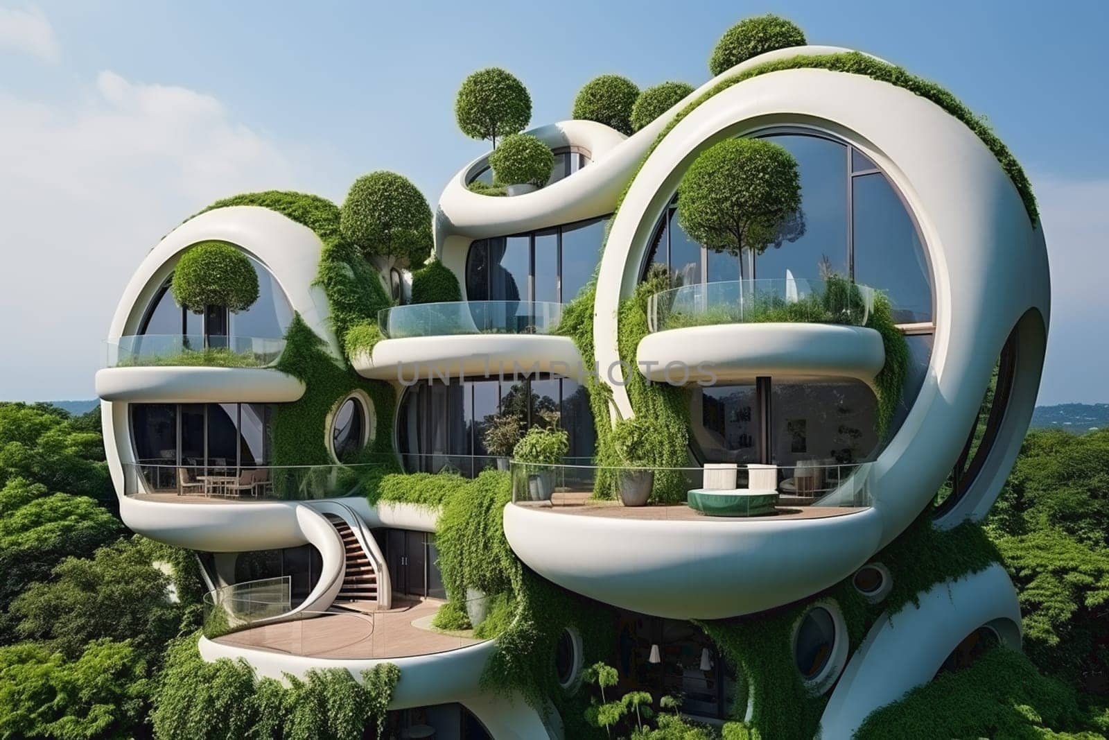 3D rendering of a futuristic modern construction with vegetation growing on it. High quality photo