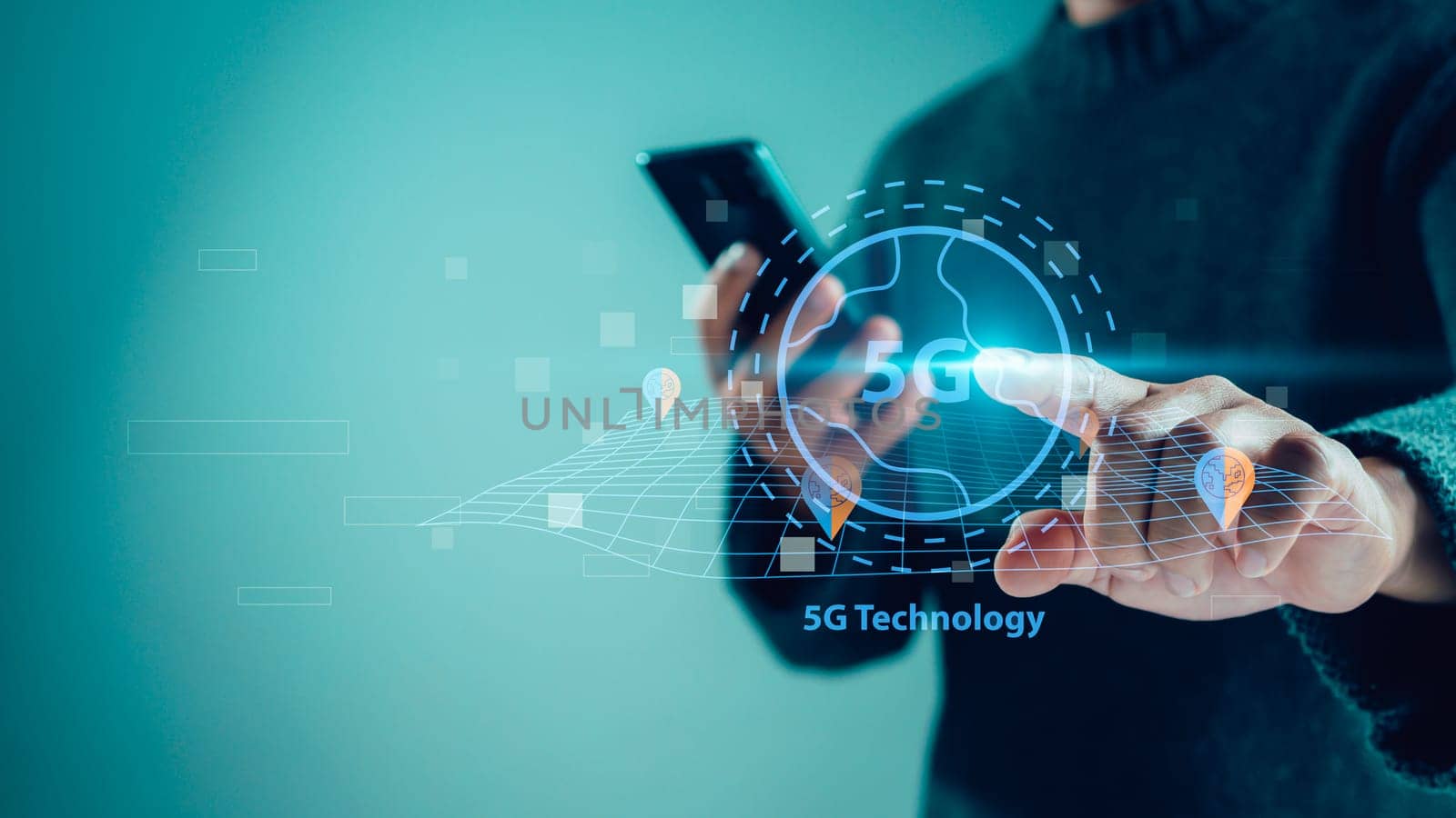 Close-up of human hand holding smartphone and pointing at 5G hologram, 5G wireless network system, 5G network concept, High speed mobile internet, New era connection network by Unimages2527