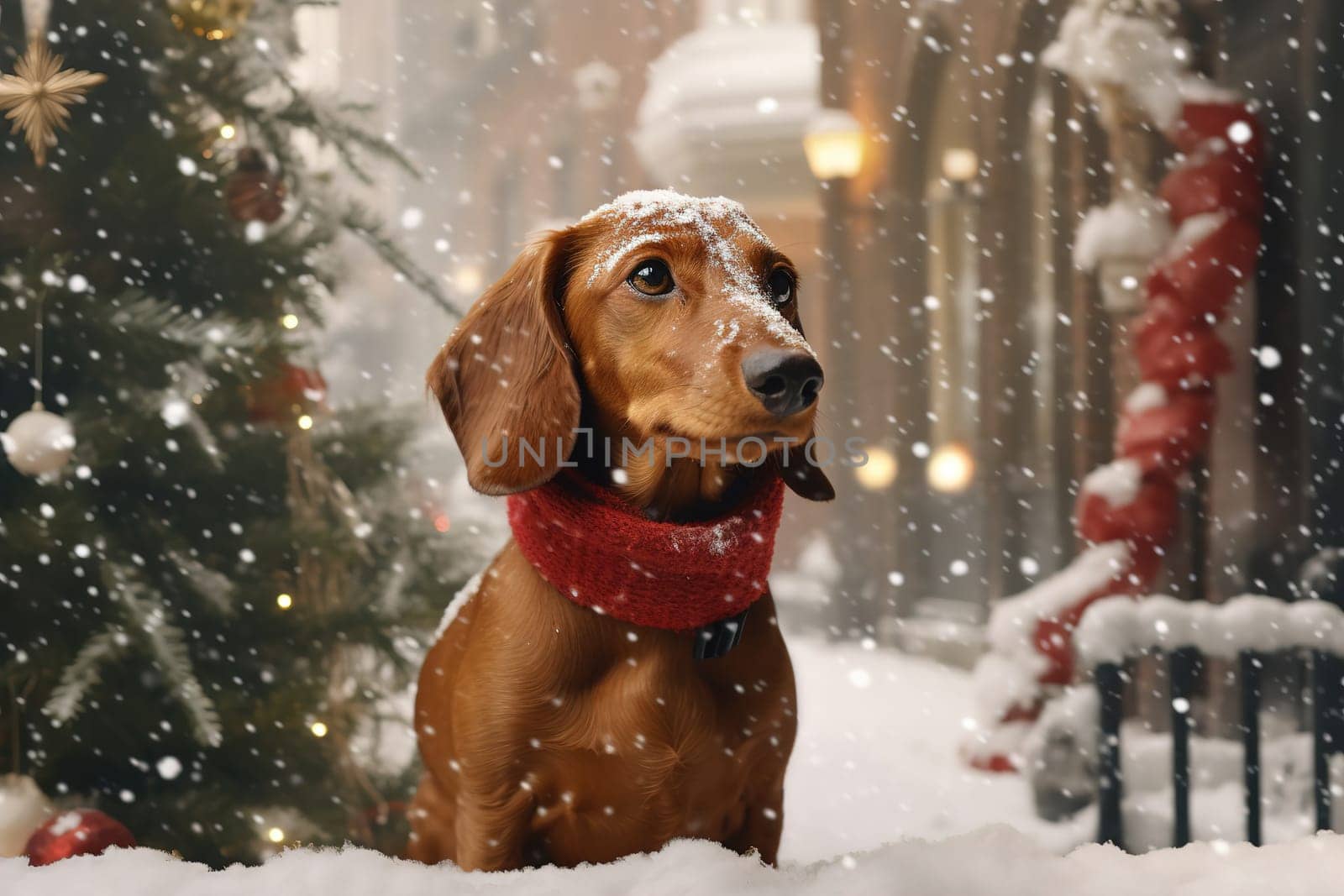 cute dachshund in a red scarf against the background of a decorated Christmas tree in the snow-covered yard of the house. New Year, Christmas card.
