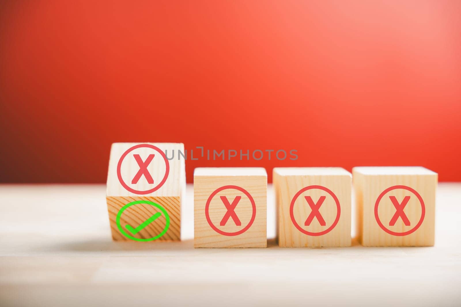 Business solution and decision-making concepts. Wood sphere flips from red wrong symbols to green checkmark symbolizing change from wrong to right on wooden cubes. Think With Yes Or No Choice.