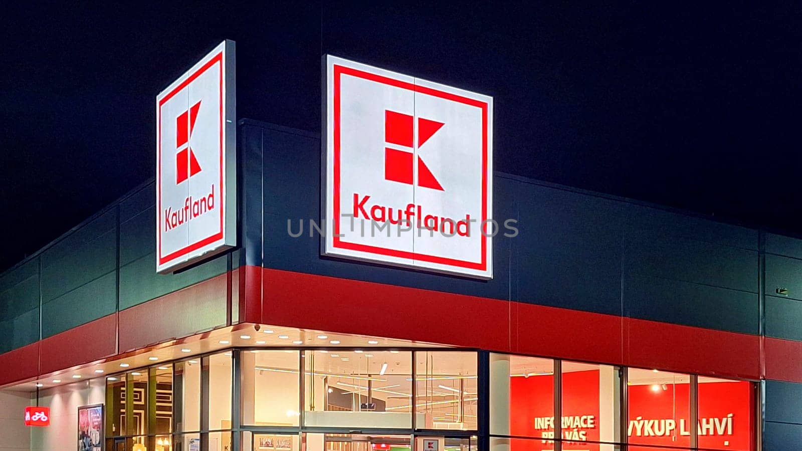 HUSTOPECE, CZECH REPUBLIC - DECEMBER 14, 2023: Kaufland logo on hypermarket from German chain, part of Schwartz Gruppe which also owns Lidl. It operates over 1,500 stores in Germany, Croatia, the Czech Republic, Slovakia, Poland, Romania, Bulgaria and Moldova.