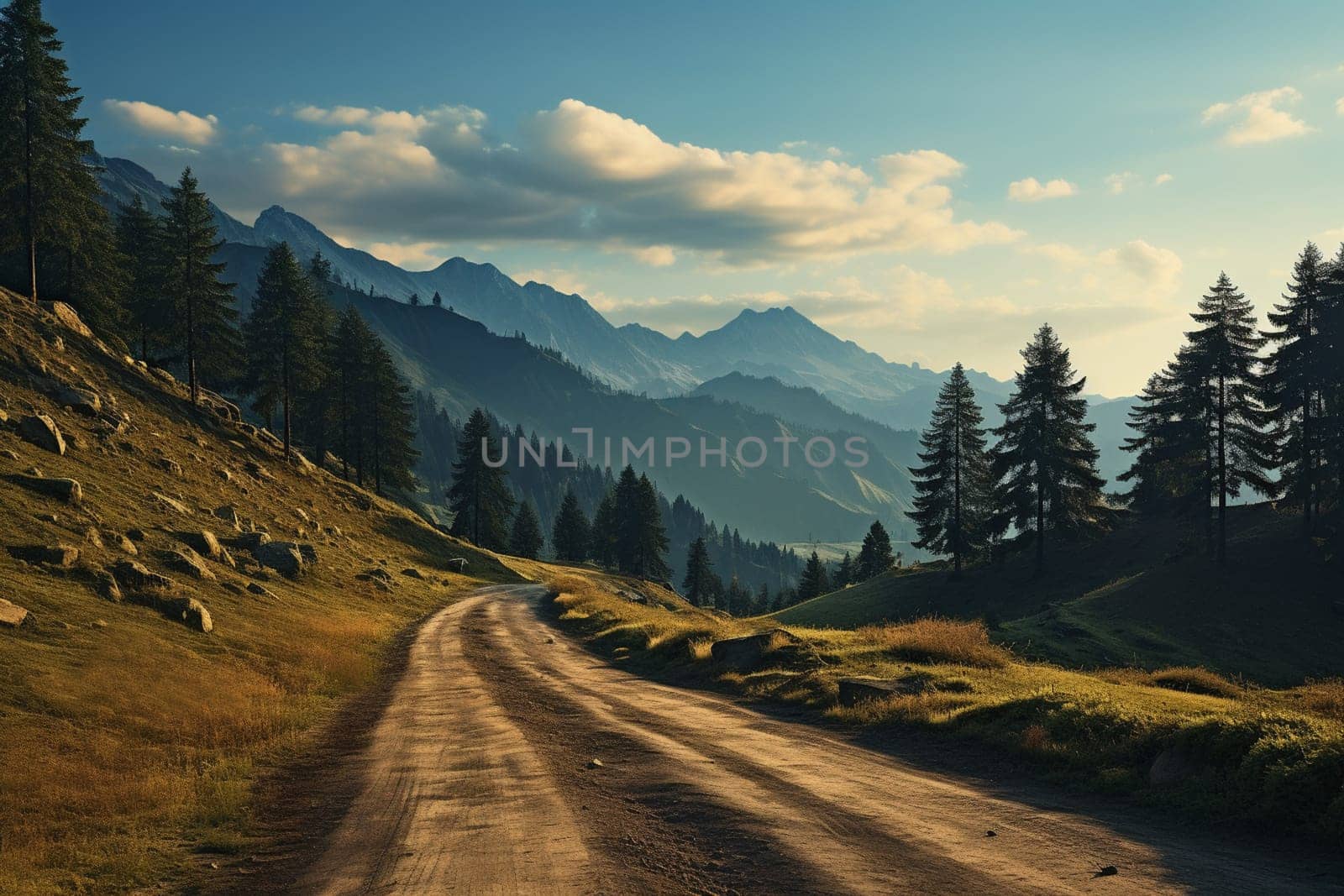 winding mountain road over alpine meadows at the edge of the forest, with a panoramic view, Austria. summer day with blue sky and clouds. High quality photo