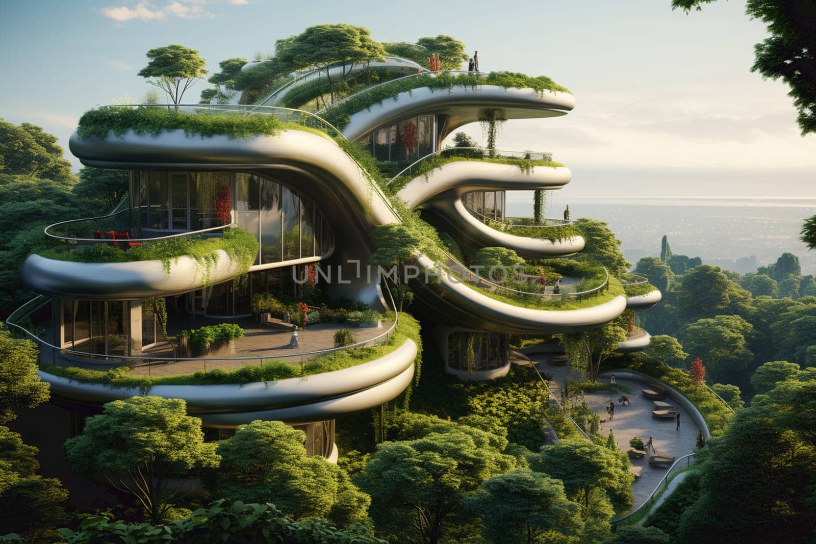 3D rendering of a futuristic modern construction with vegetation growing on it. High quality photo