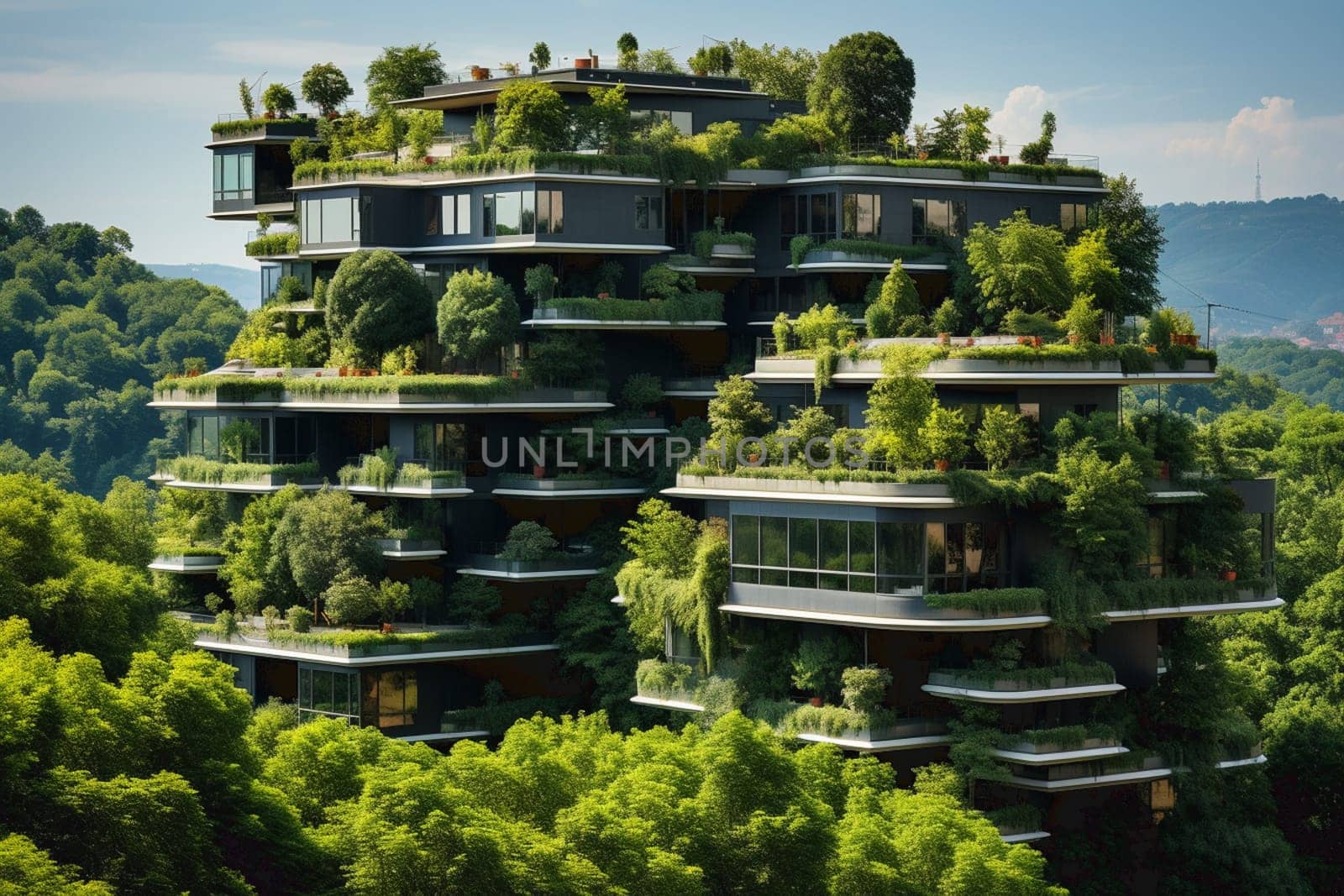 3D rendering of a futuristic modern construction with vegetation growing on it by Andelov13