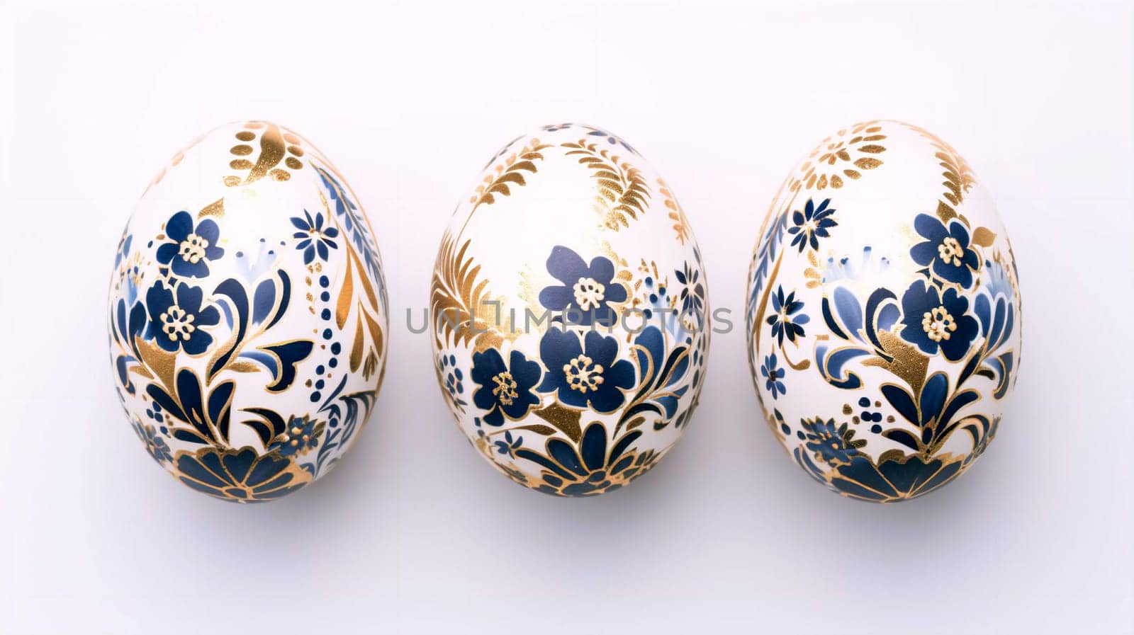 three painted Easter eggs with a blue and gold pattern are made in fashionable classic blue and gold tones, decorated with an Easter pattern on a white background. Easter Greeting Card