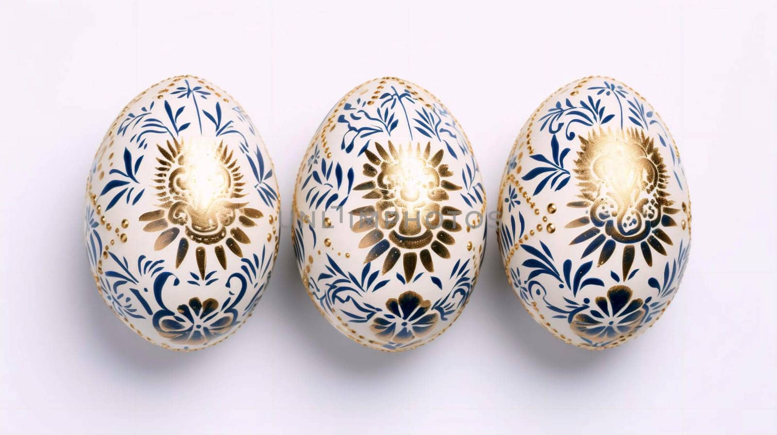 three Easter eggs with a blue and gold pattern on a white background, top view by Севостьянов