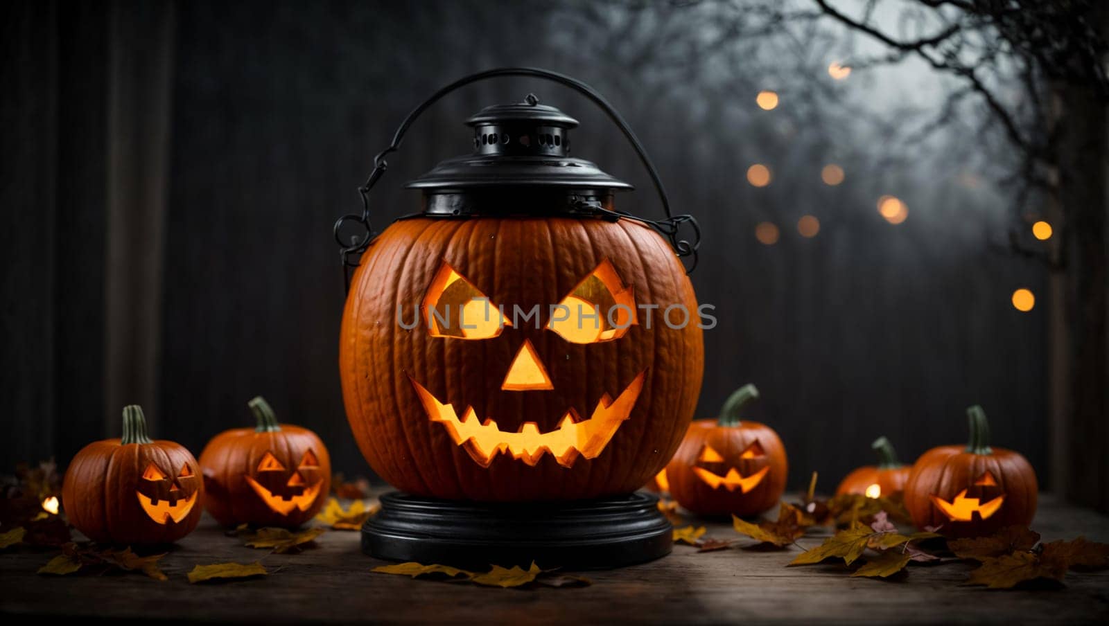 pumpkin in the form of a Halloween lantern with a creepy smiling face on a dark background