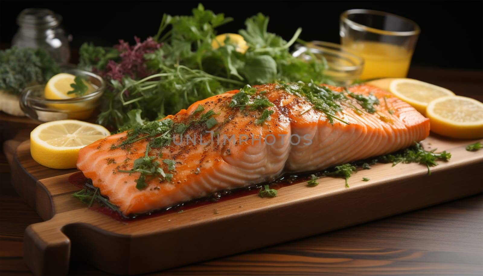 Fried or cooked salmon, lime and vegetable salad served on black plate on wooden table Fresh healthy fish food close up