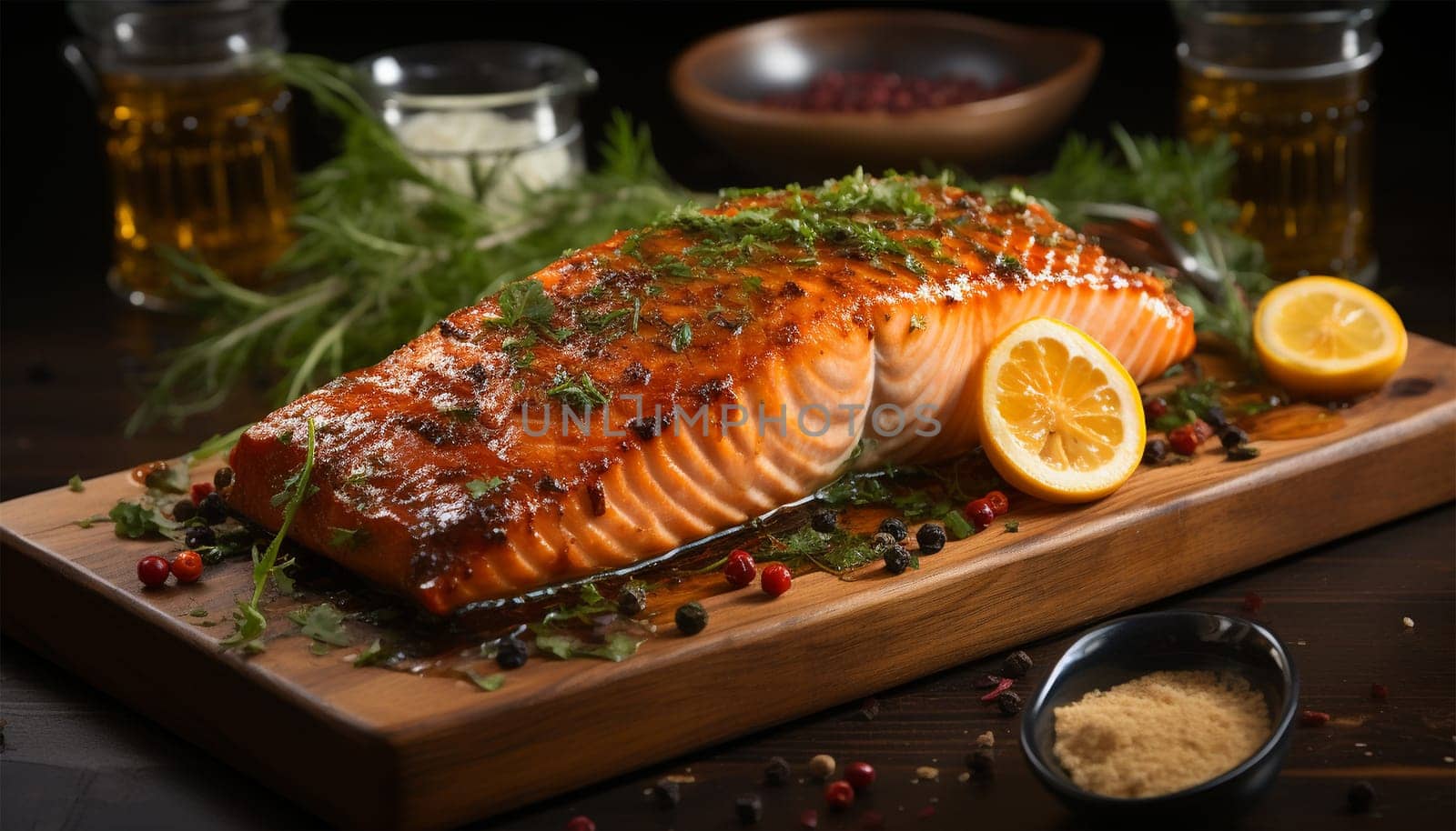 Fried or cooked salmon, lime and vegetable salad served on black plate on wooden table Fresh healthy fish food close up