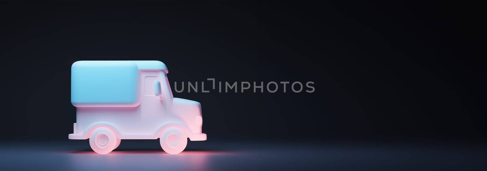 Trucks in neon light against dark background. 3D animation. Round-the-clock transportation of goods in containers. Automotive logistics of Cargo transportation concept with copy space Space for text