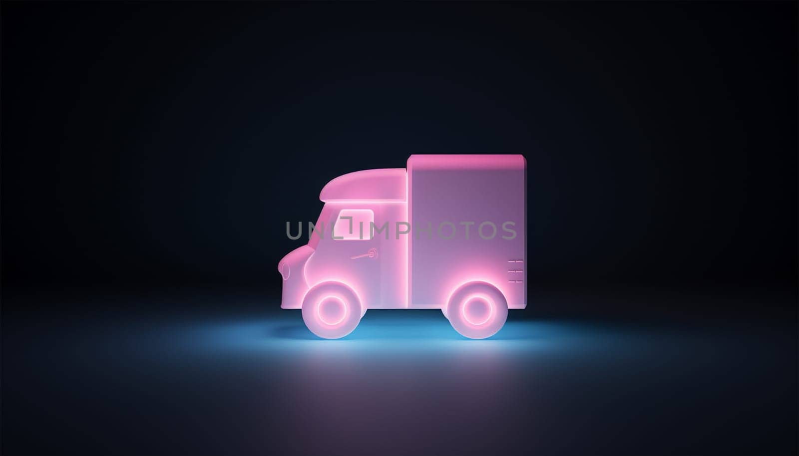 Trucks in neon light against dark background. 3D animation. Round-the-clock transportation of goods in containers. Automotive logistics of Cargo transportation concept with copy space Space for text