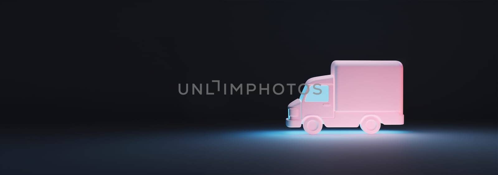 Trucks in neon light against dark background. 3D animation. Round-the-clock transportation of goods in containers. Automotive logistics of Cargo transportation concept with copy space by Annebel146