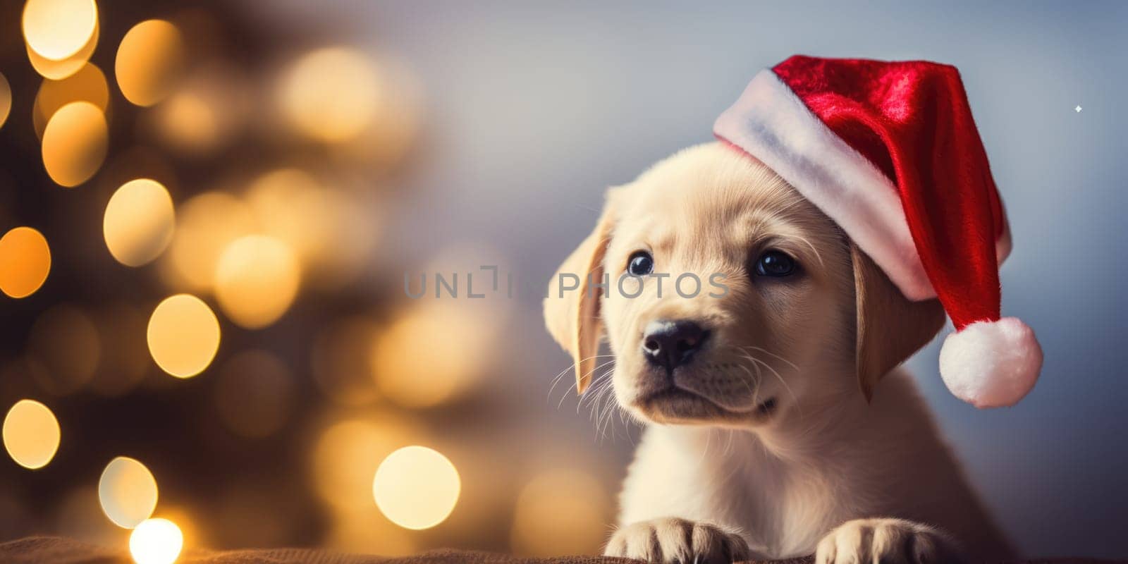 Adorable dog wearing Santa hats at room decorated for Christmas comeliness