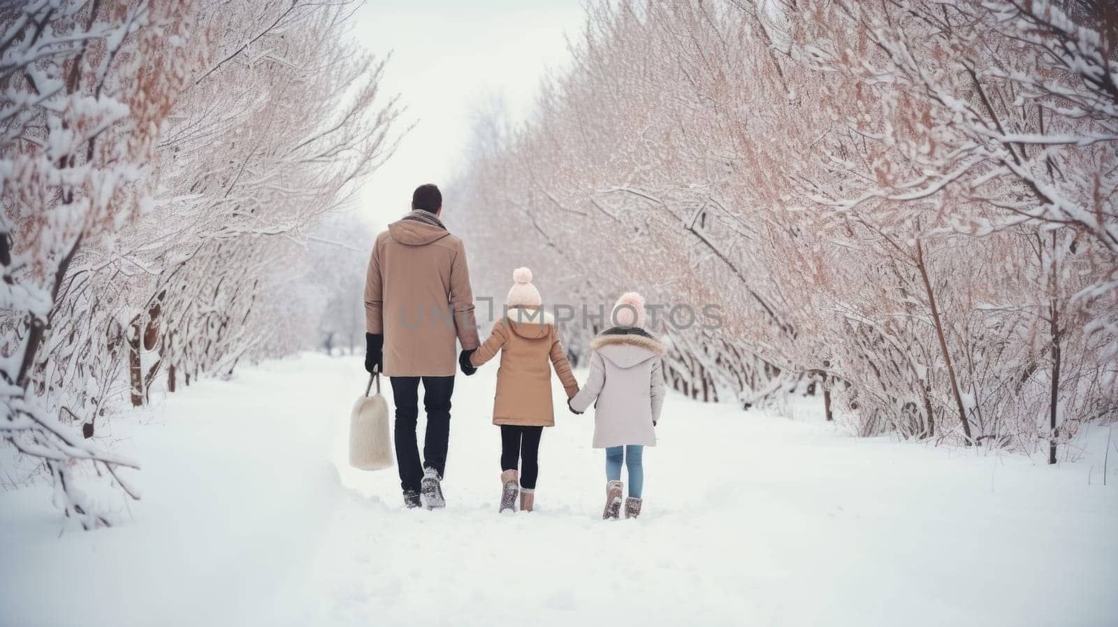 Happy family Father, mother and children are having fun and playing on snowy winter walk in nature. comeliness