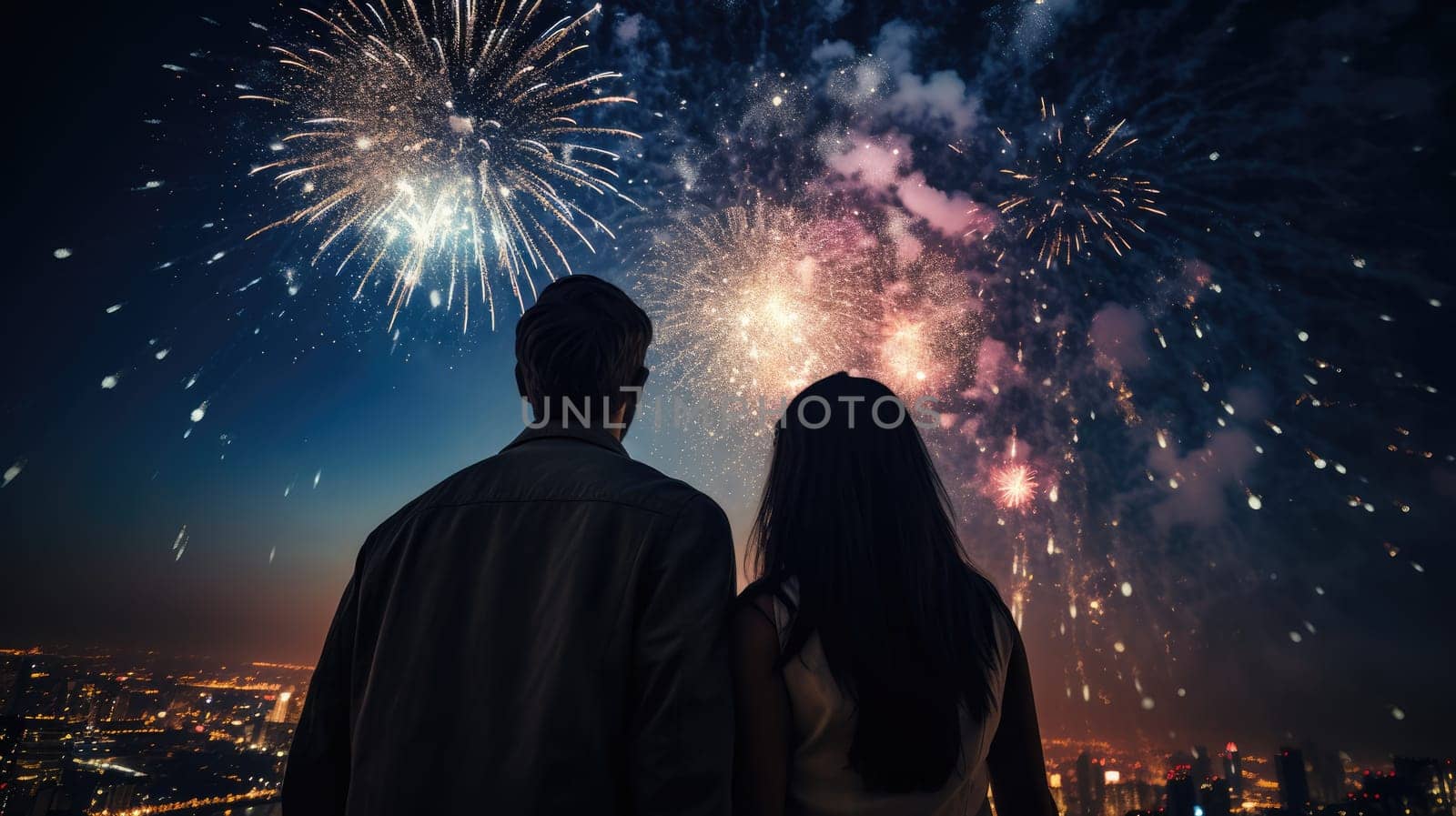 Happy people looking up to the sky with firework in new year 2024 night celebrate happy new year festival 2024 comeliness.