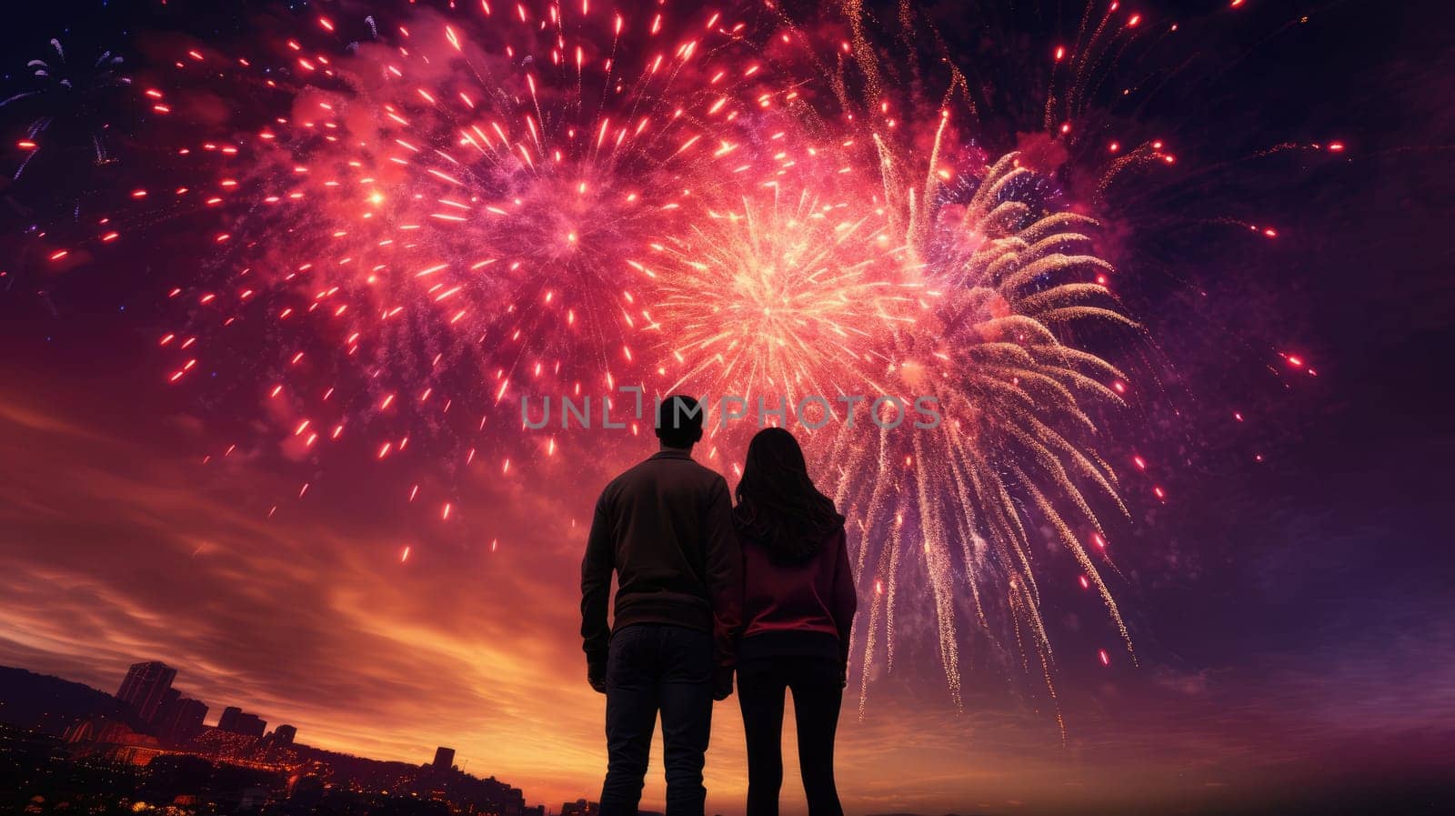 Happy people looking up to the sky with firework in new year 2024 night celebrate happy new year festival 2024 comeliness.