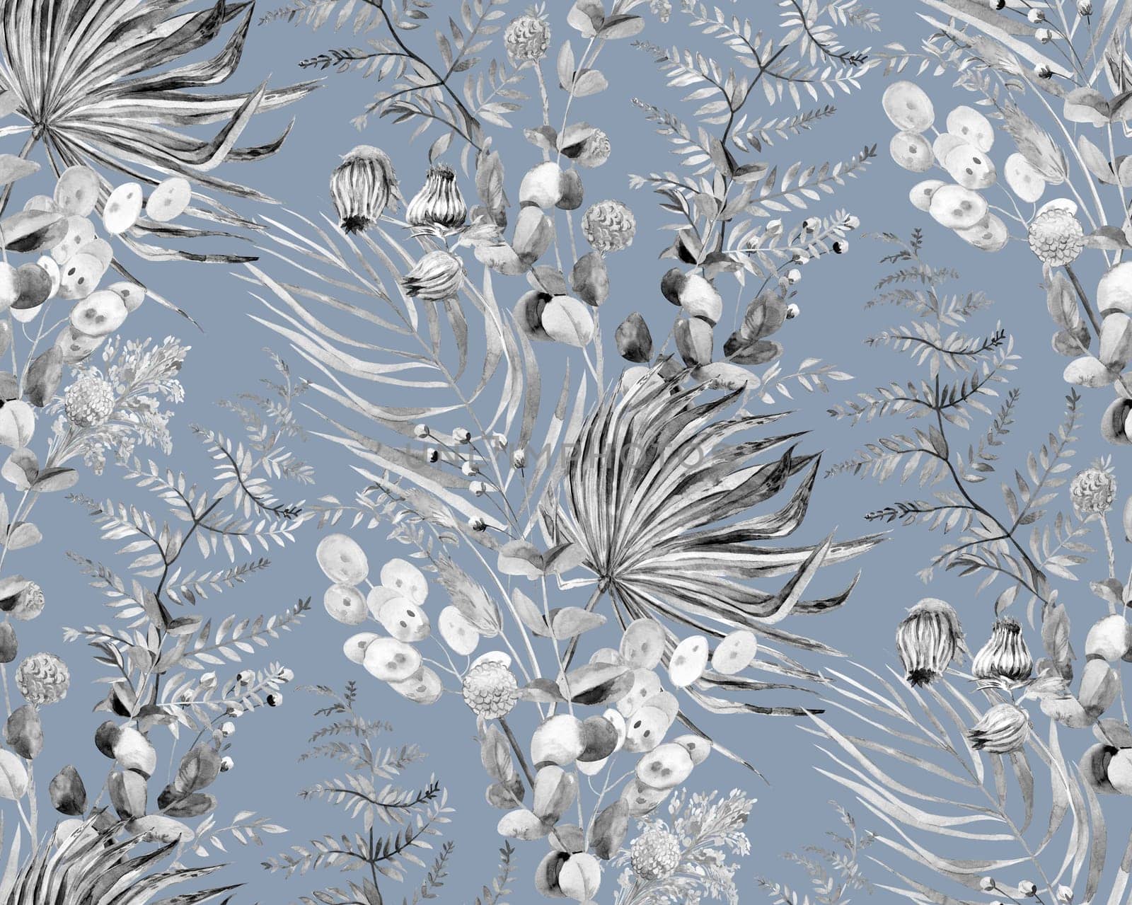 Seamless watercolor monochrome pattern with tropical palm leaves and herbs for textile