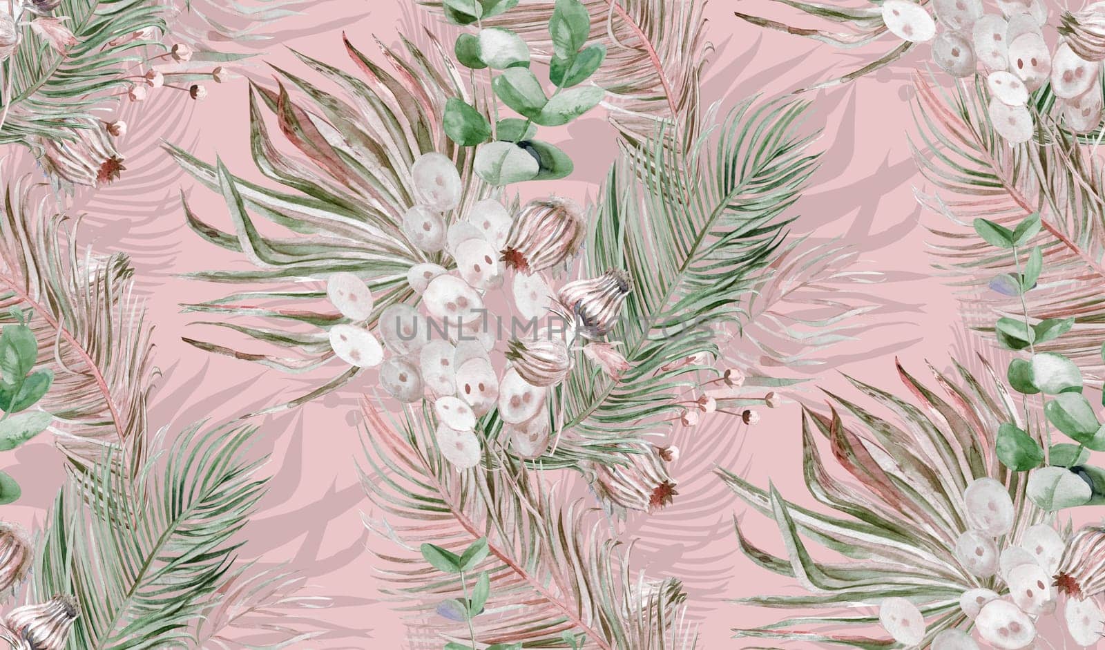 Botanical watercolor seamless pattern with bouquets of palm leaves and dry herbs for textile