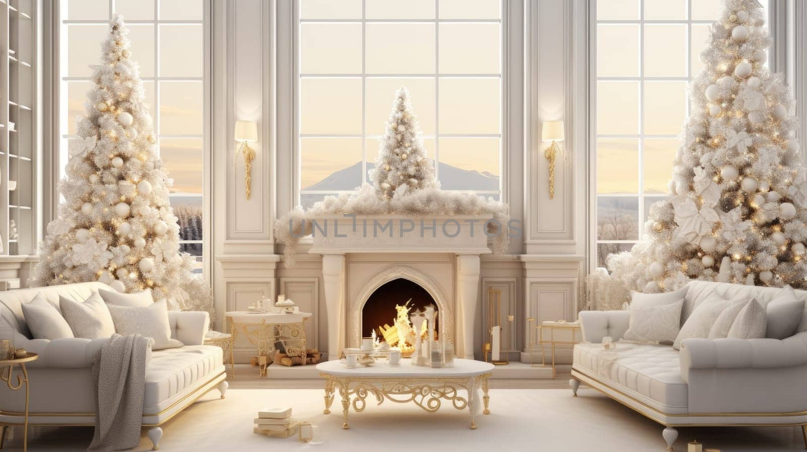 Interior of decorated living room with Christmas tree and comfortable sofa for family comeliness