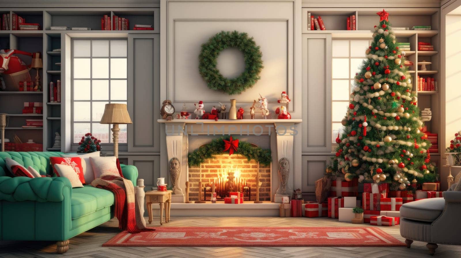 Interior of decorated living room with Christmas tree and sofa comeliness by biancoblue