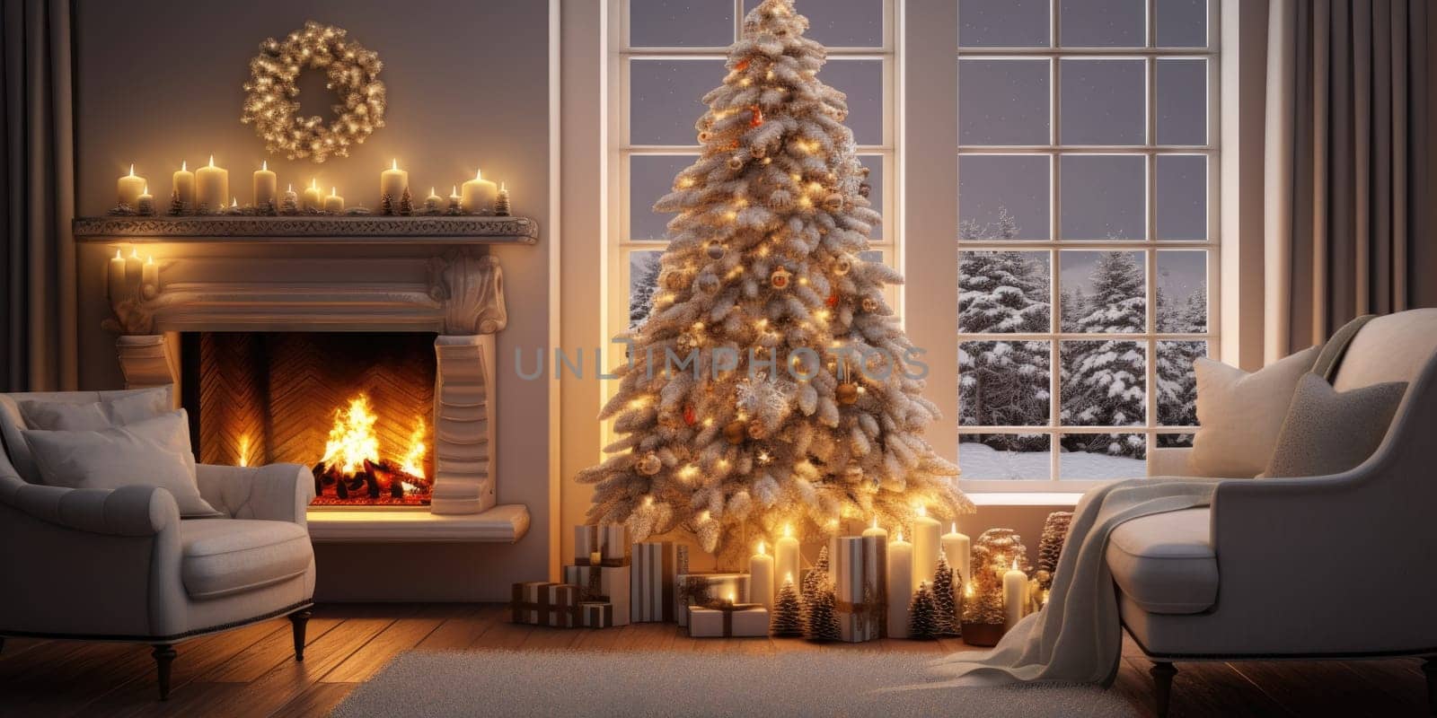 Interior of decorated living room with Christmas tree and comfortable sofa for family comeliness