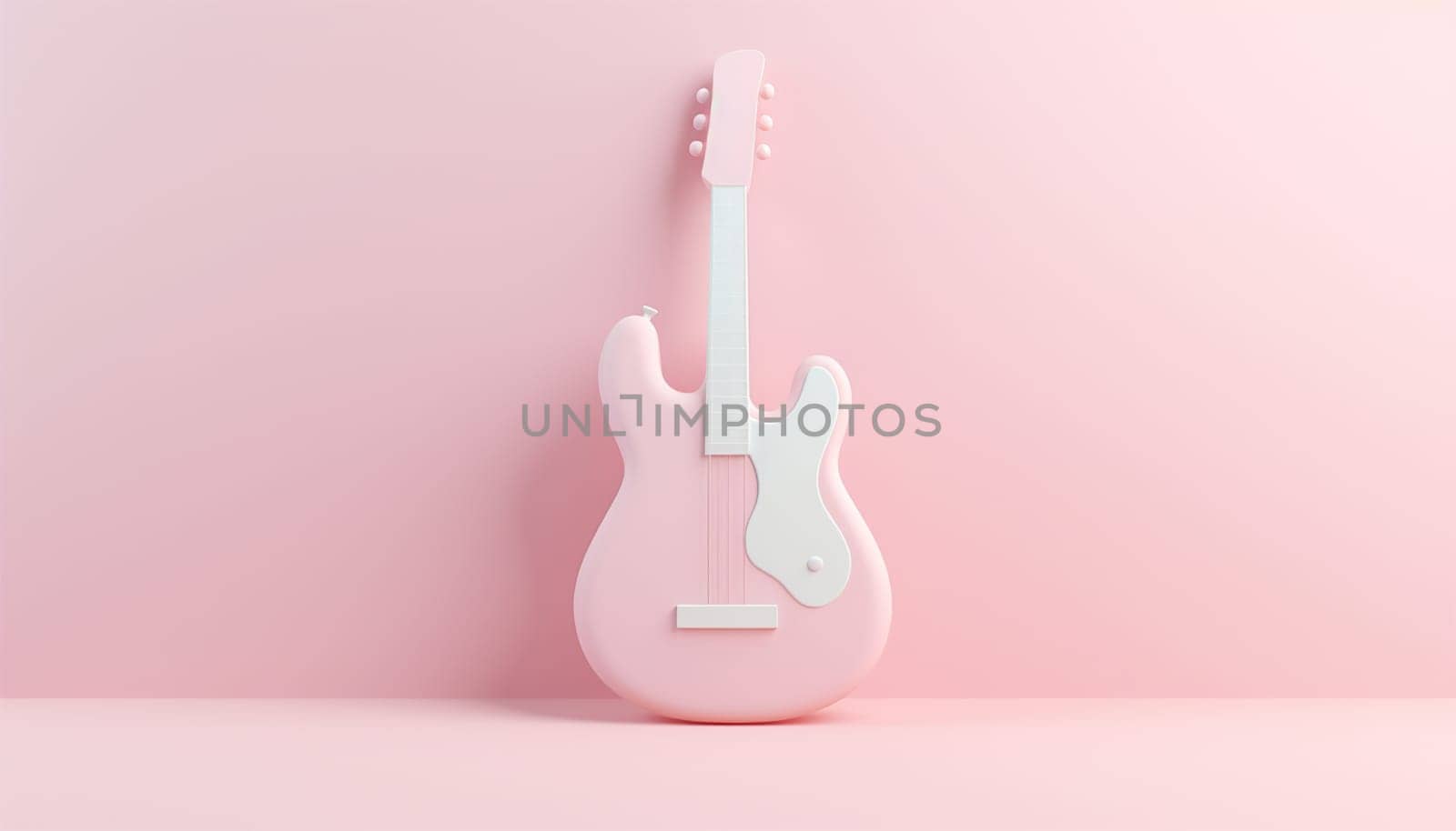 Acoustic classic guitar on pink background. 3D cartoon guitar with copy space. 3D rendering image. Pastel neon background Electric guitar design Space for text