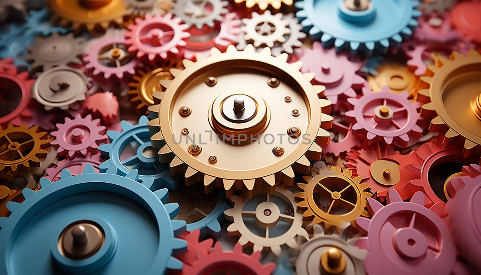 Creative business idea concept. Teamwork, process and workflow management and Cogs and gear wheel mechanisms. Hi-tech digital technology and engineering. Abstract technical background. by Annebel146