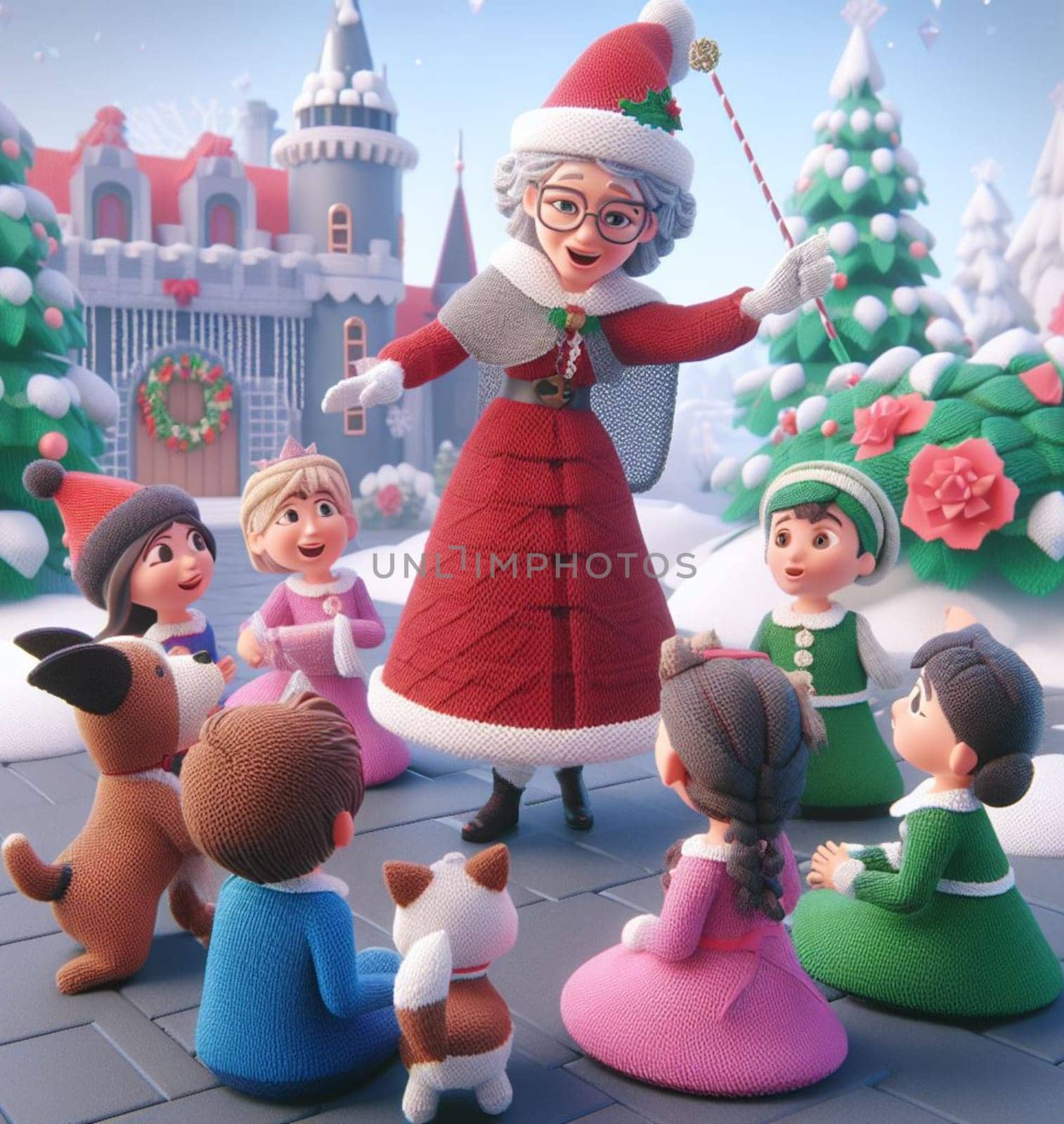 granny wear santa claus costume telling christmas fairy tales to children near a castle illustration 3d render ai art generated