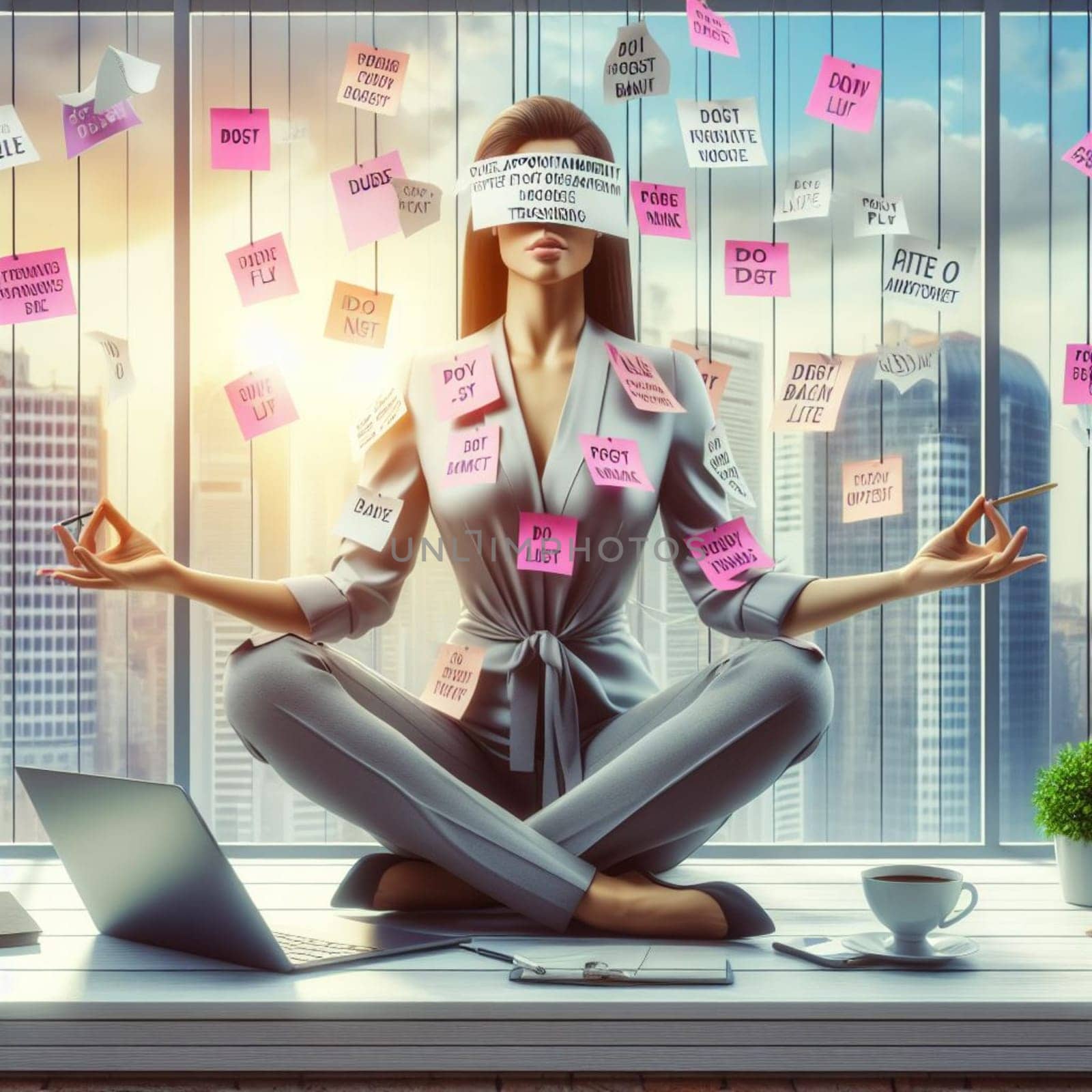 a stressed woman covered of post it notes in lotus yoga position relaxing at the office by verbano