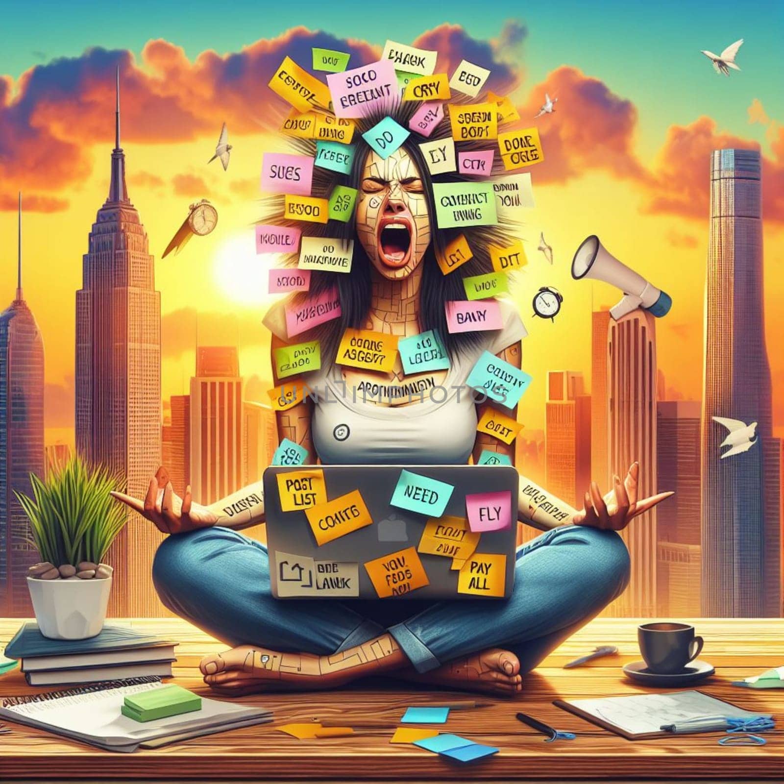 a stressed woman covered of post it notes in lotus yoga position relaxing at the office by verbano