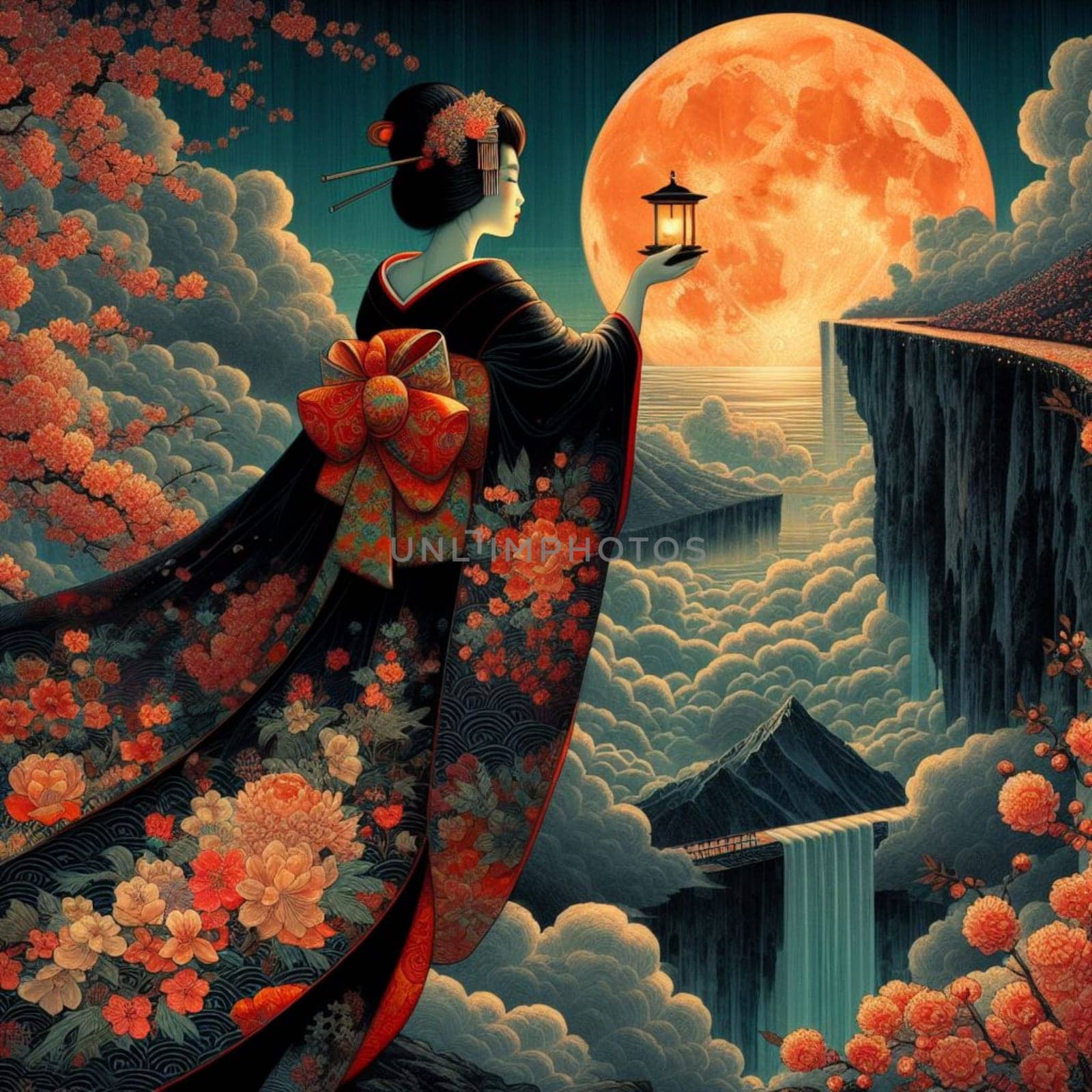 geisha wearing long tail silky kimone hold a candle moonlited by orange moon in a strange landscape by verbano