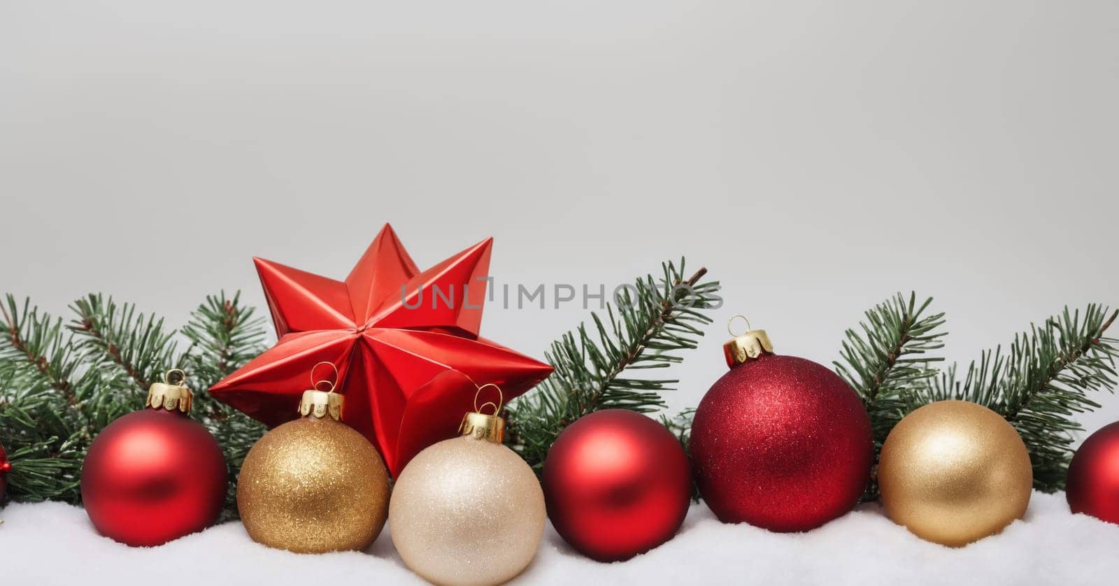 A heartwarming scene of Christmas decorations, featuring glittery red and gold ornaments, a bold star, and lush green pine, all set against a soft, snowy backdrop