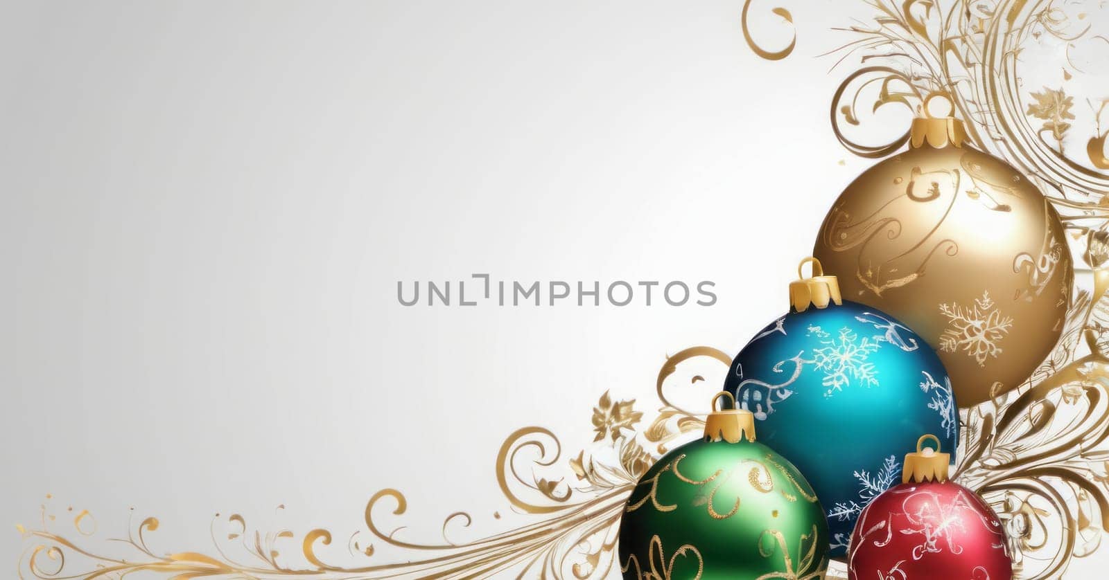 A collection of Christmas ornaments, intricately designed in gold, blue, green, and red, set against a white backdrop with golden flourishes