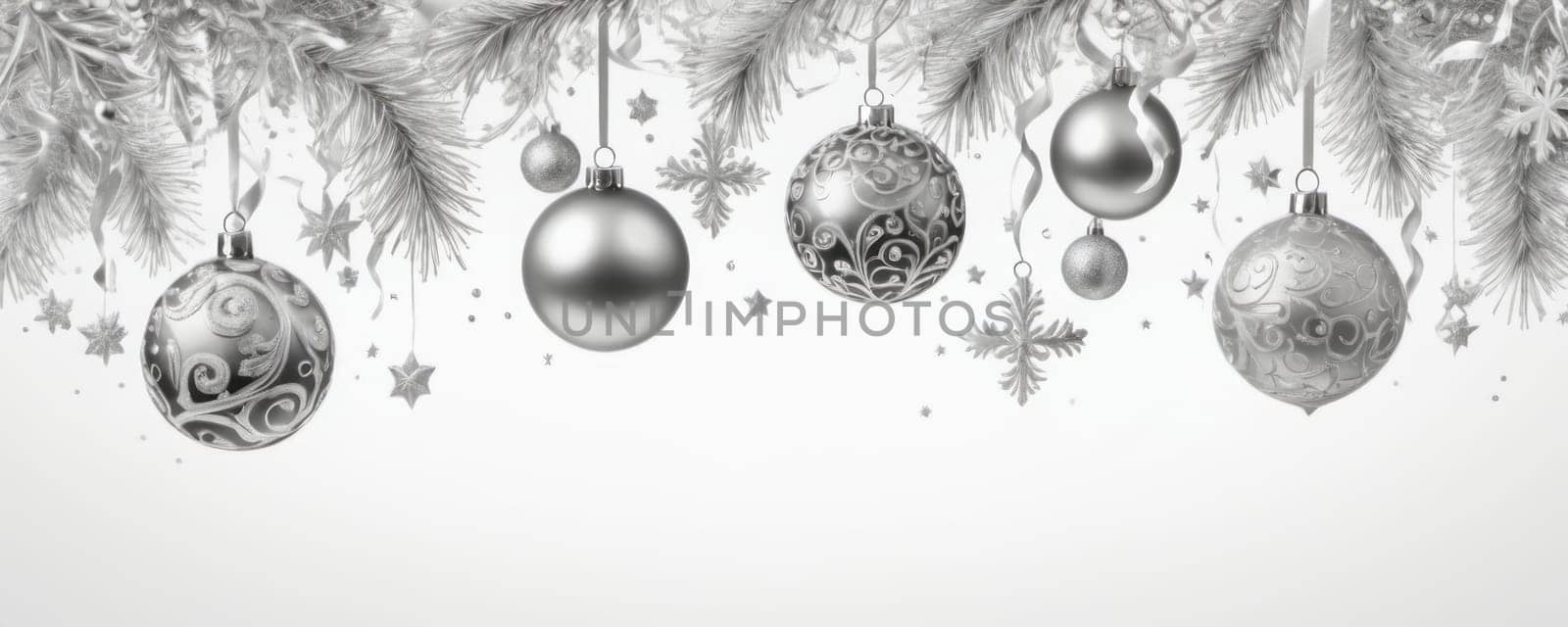 Monochromatic image showcasing silver Christmas ornaments with intricate patterns, hanging from frosty pine branches adorned with stars and snowflakes