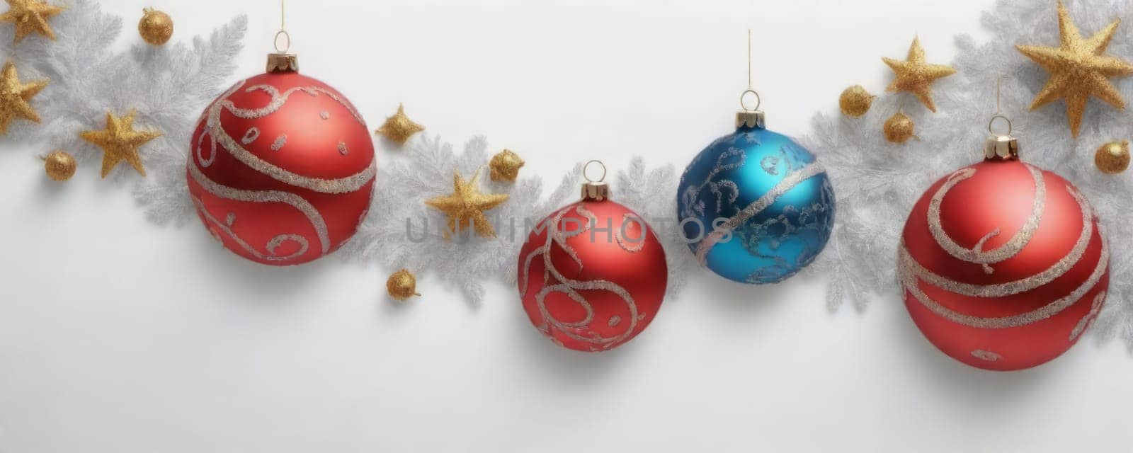 A vibrant display of red and blue baubles amidst frosty pine branches, accented with golden stars against a white background