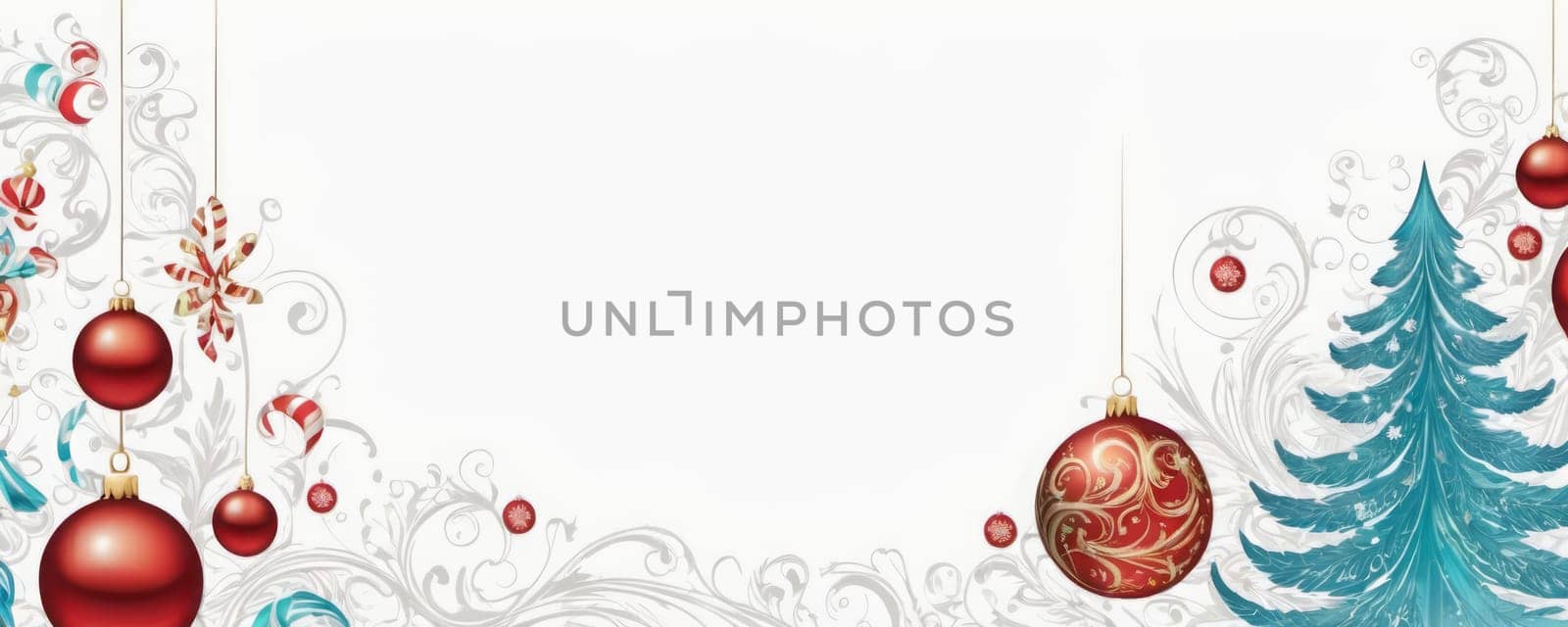 A Christmas-themed banner featuring red ornaments, candy canes, and a stylized blue tree against a snowy white background, evoking a warm holiday spirit