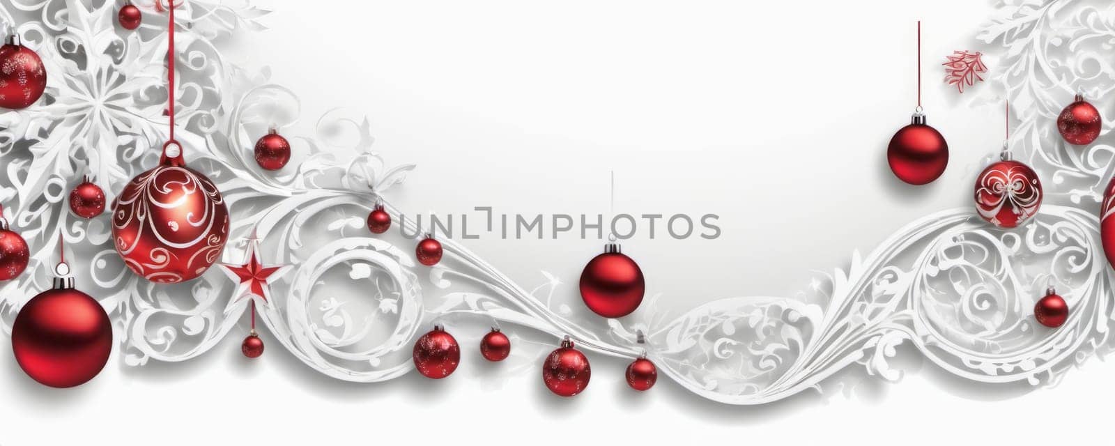 Red Christmas ornaments with star and swirl designs hang against a backdrop of white frost patterns, embodying the classic holiday color scheme