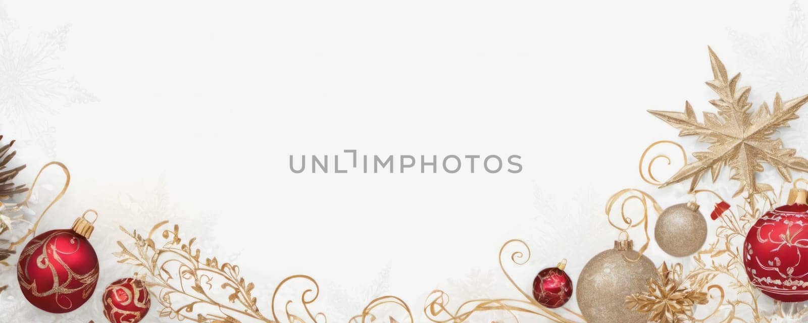 Golden swirls and Christmas ornaments create a festive elegance on a white background, perfect for holiday designs