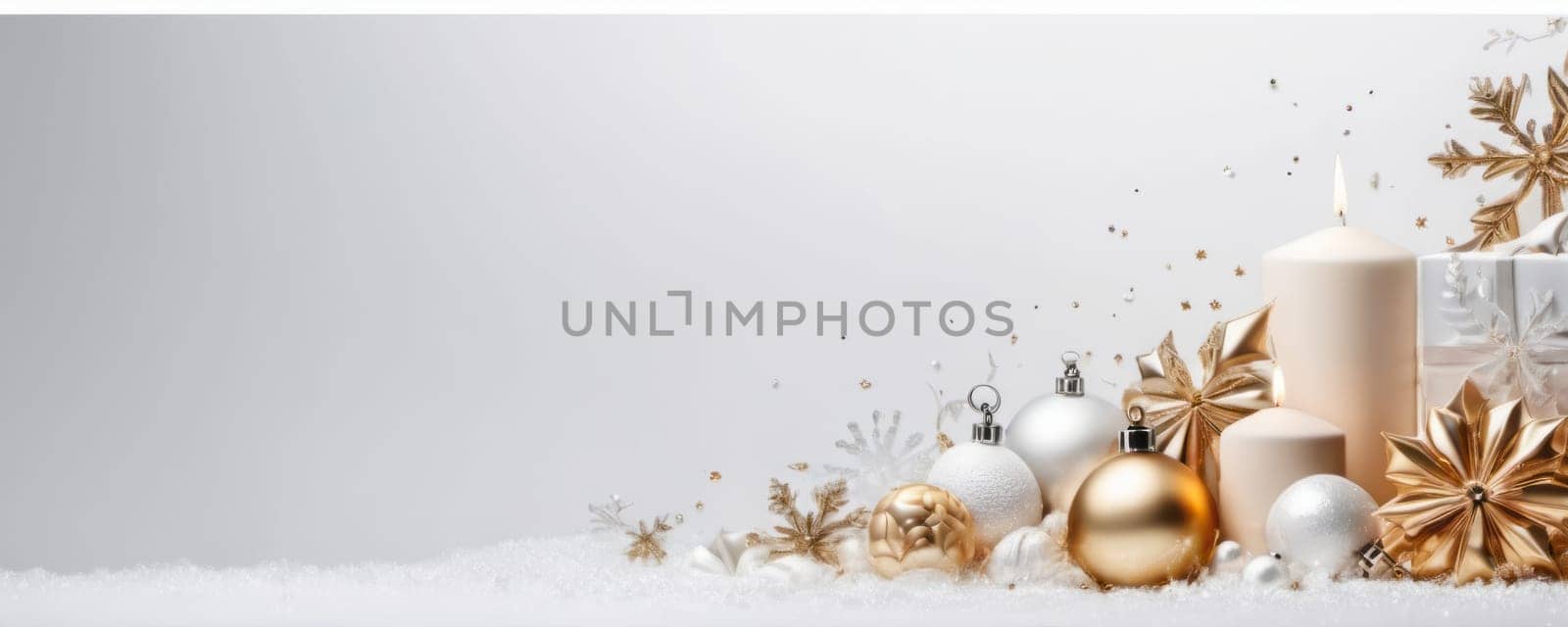 A holiday scene with Christmas baubles, glowing candles, and golden stars on a snowy surface against a white backdrop